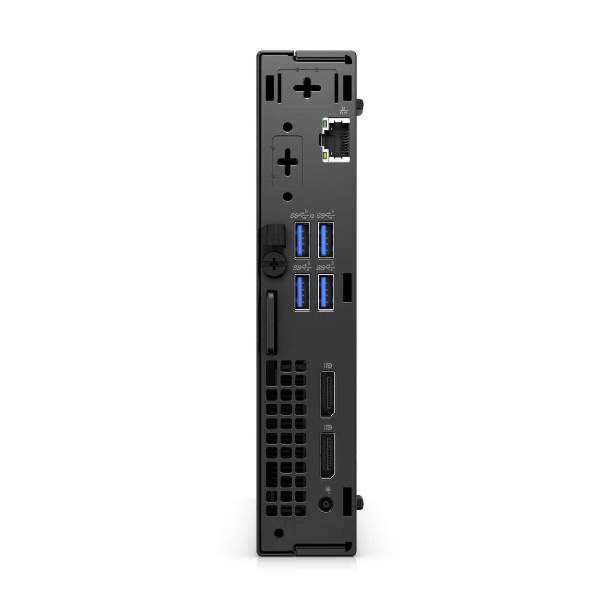 Rückansicht eines schwarzen Computer-Towers, der sechs USB-Anschlüsse, einen Ethernet-Anschluss und zwei HDMI-Anschlüsse am unteren Ende zeigt.