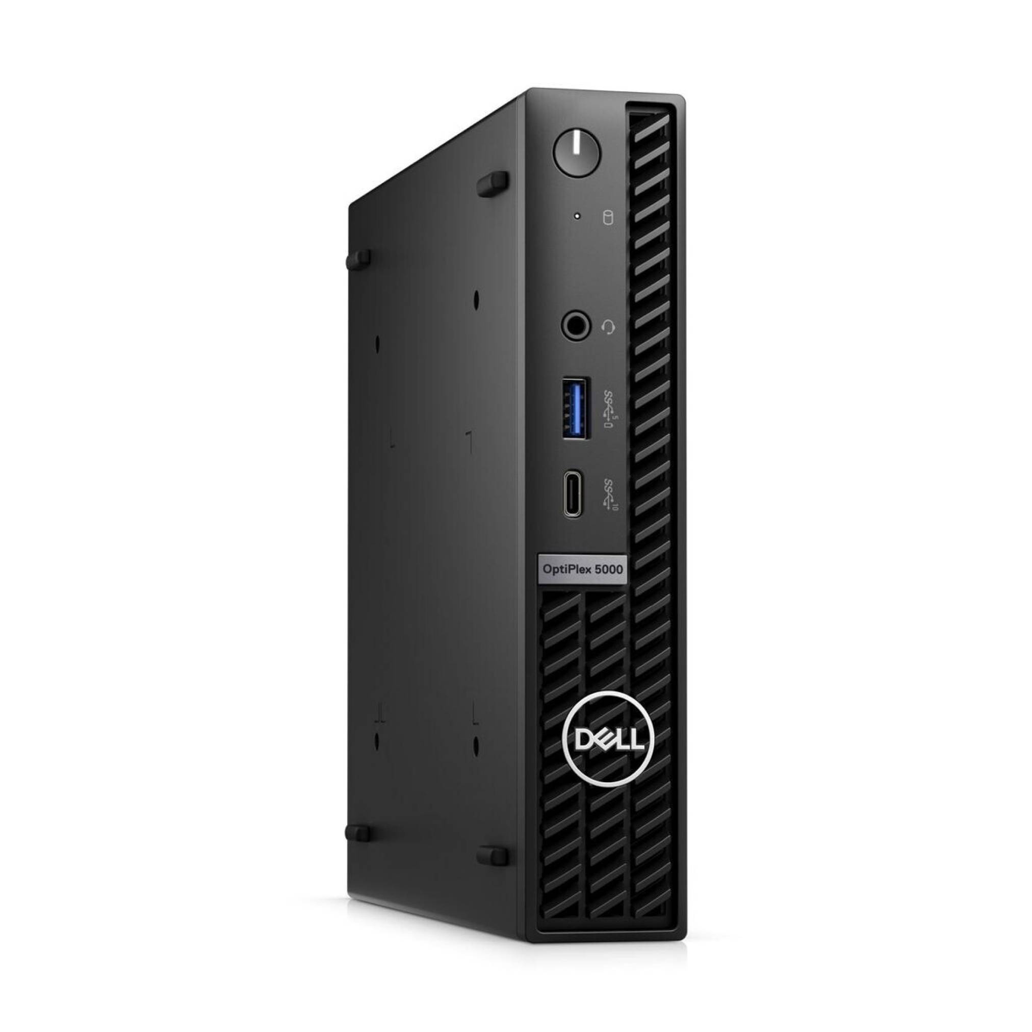 Ein schwarzer Dell OptiPlex 5000 Micro-Desktop, vertikal aufgestellt, mit Netzschalter, USB-Anschlüssen und Belüftung auf der Vorderseite.