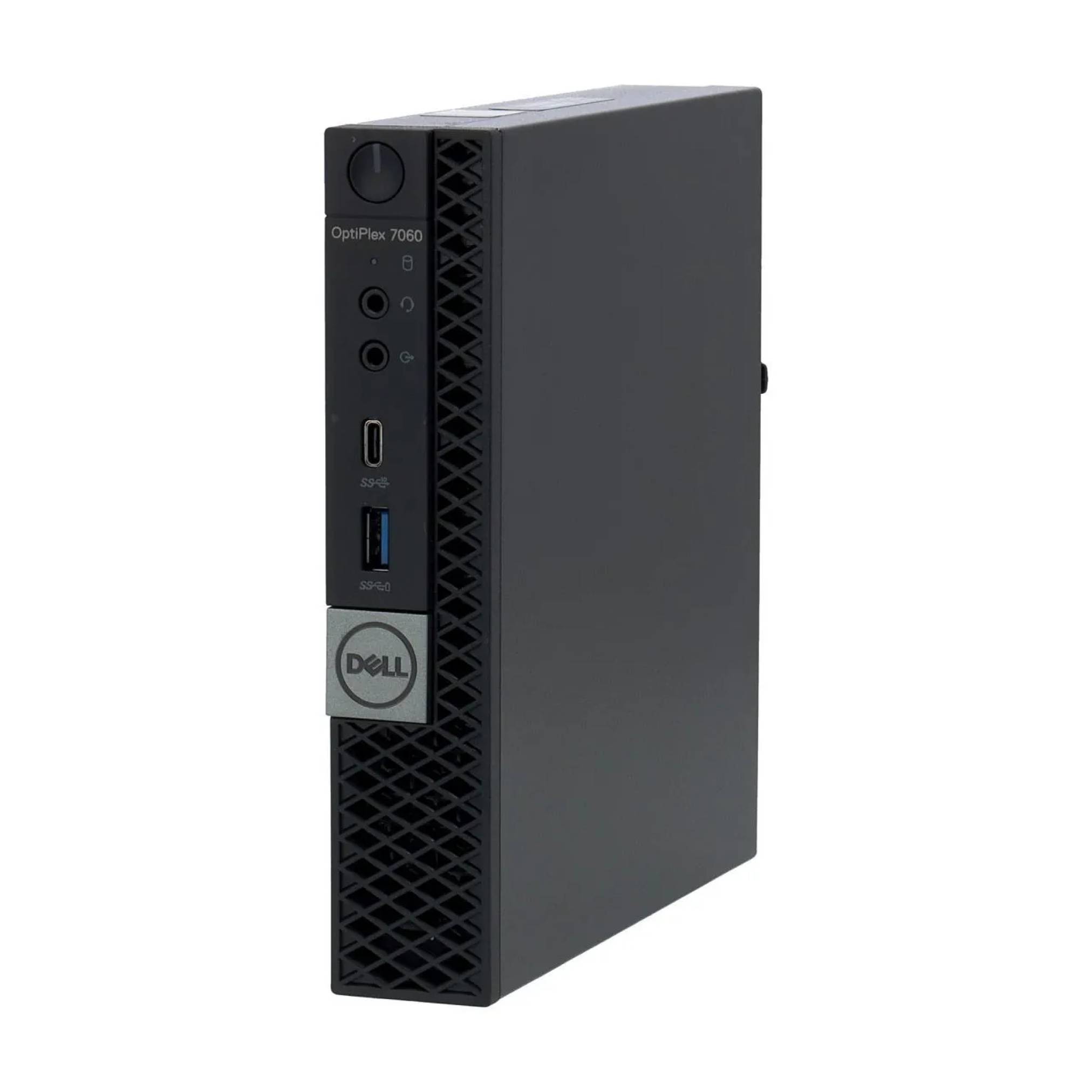 Ein schwarzer Dell OptiPlex 7060 Desktop-Tower mit vorderen Anschlüssen einschließlich USB und Audio-Buchsen.
