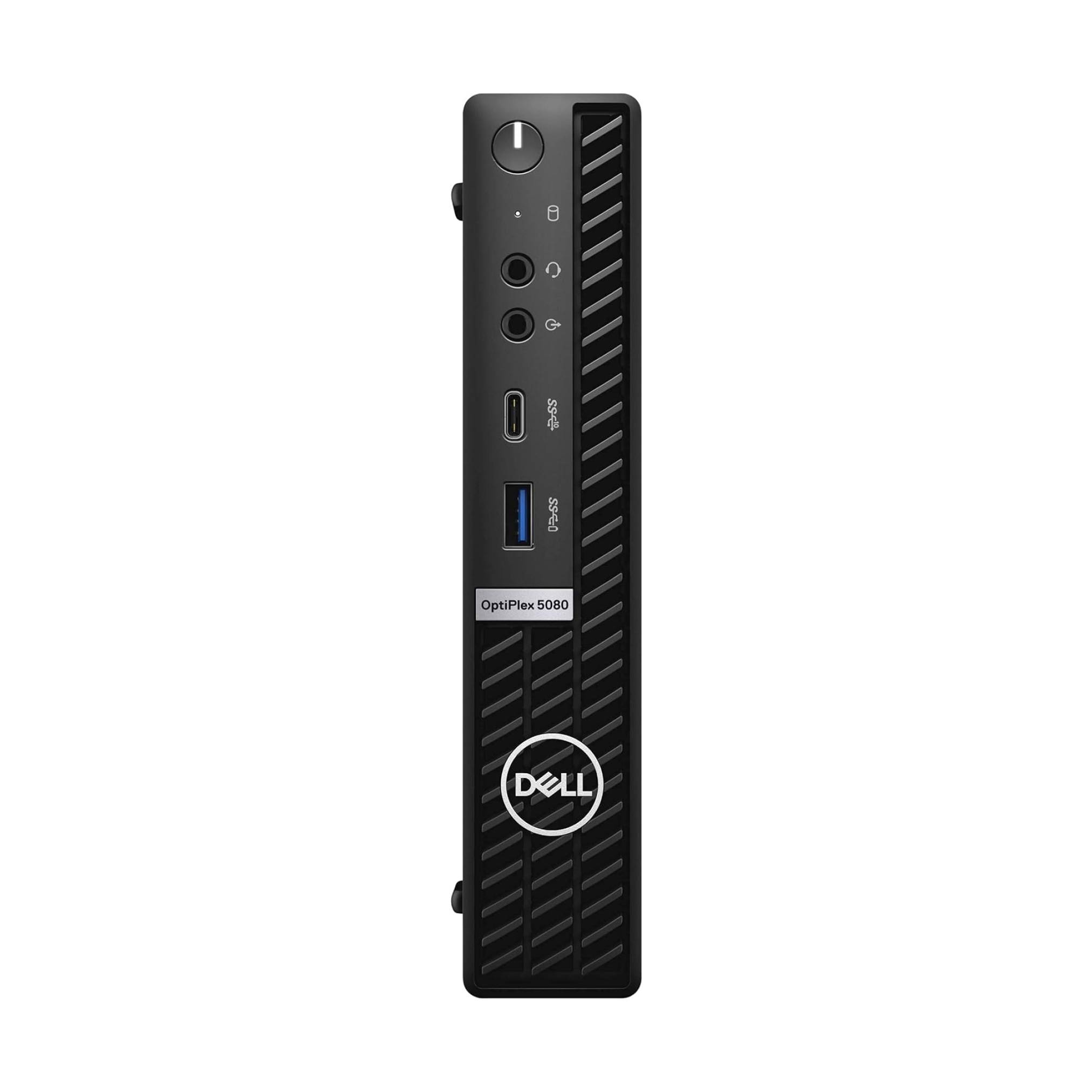 Eine Vorderansicht eines Dell OptiPlex 5080 Micro-Desktops. Das Design ist kompakt mit mehreren Anschlüssen und Tasten für Konnektivität auf der Frontblende.