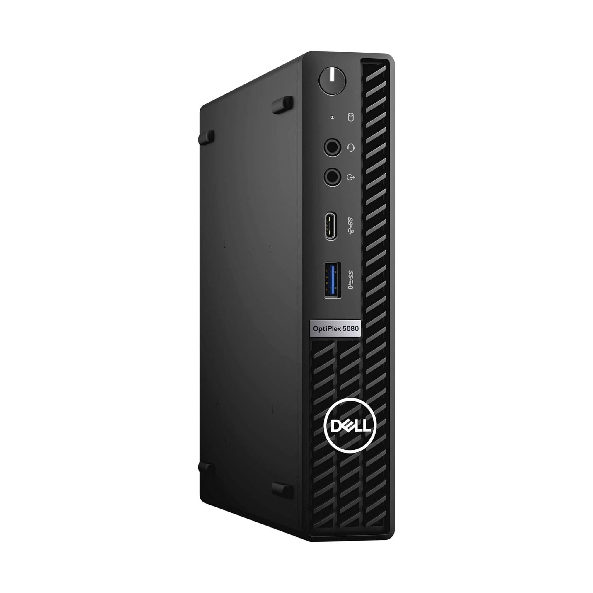 Ein schwarzer Dell OptiPlex 5000 Mini-Tower-Computer mit Frontanschlüssen und Ein-/Ausschalter, geeignet für professionelle oder persönliche Verwendung.