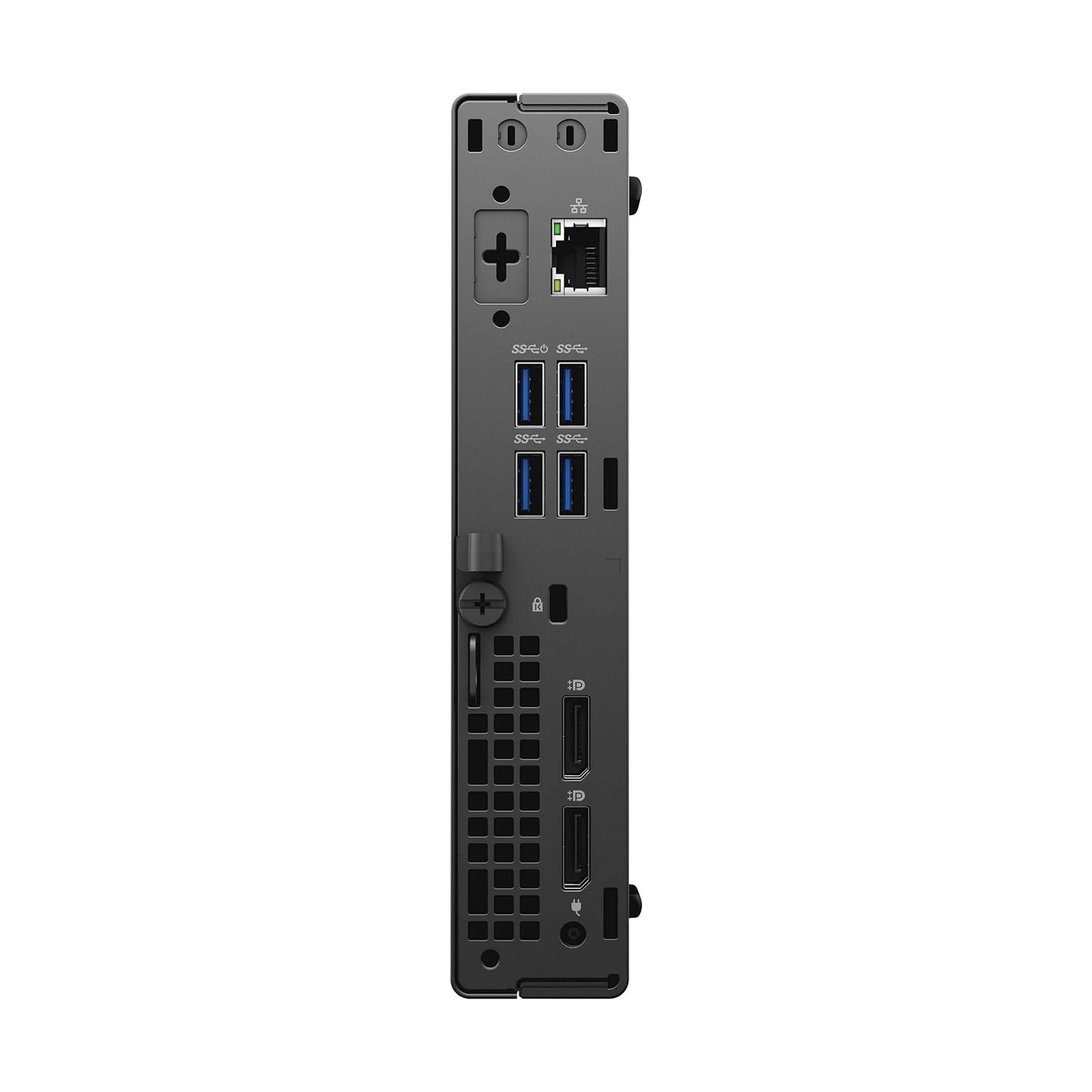 Das Bild zeigt die Rückseite eines Computers mit verschiedenen Anschlüssen, einschließlich USB, einen Ethernet-Anschluss und eine Stromverbindung.