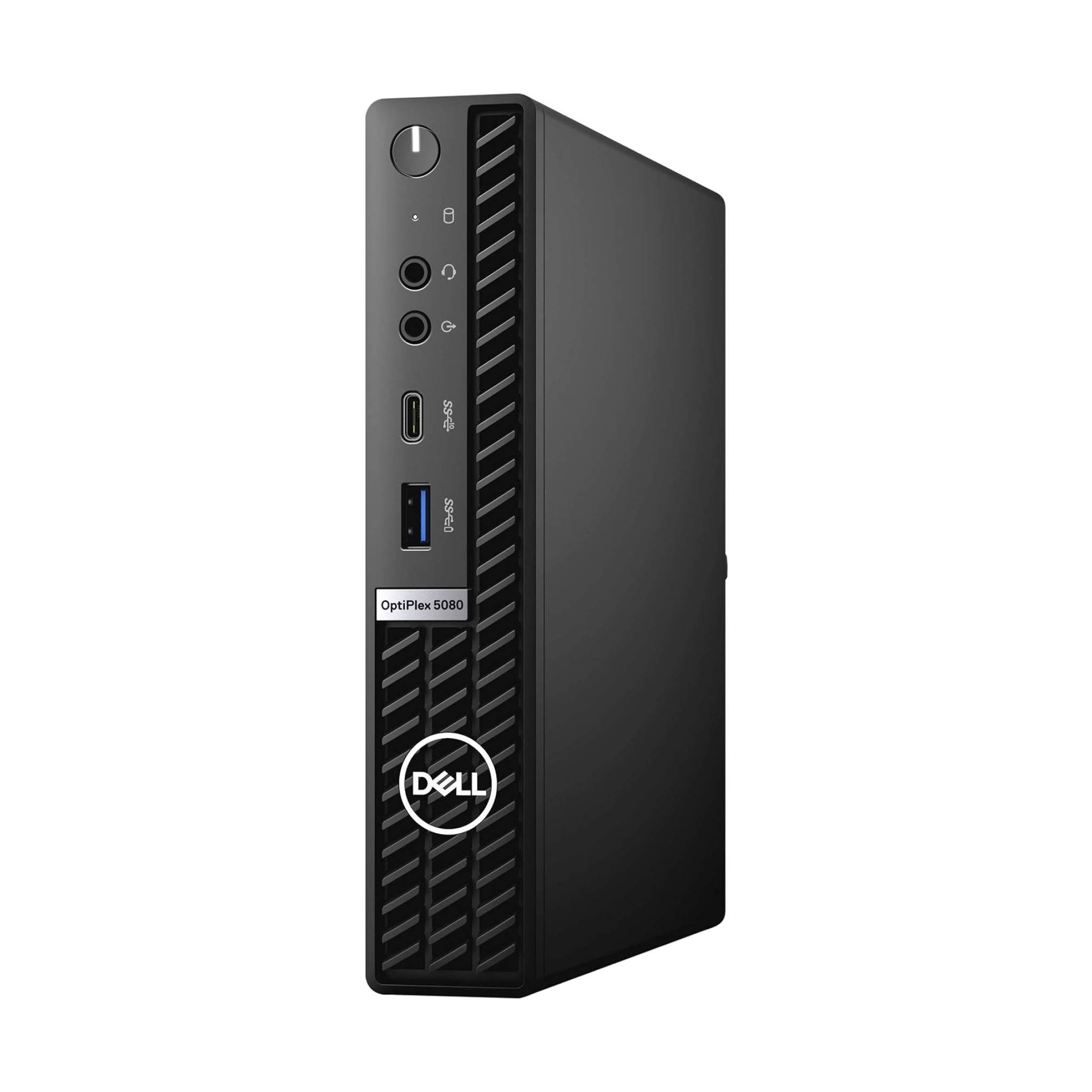 Ein kompakter Dell OptiPlex 5000 Desktop-Tower mit elegantem schwarzem Design, ausgestattet mit mehreren Frontanschlüssen für Konnektivität.