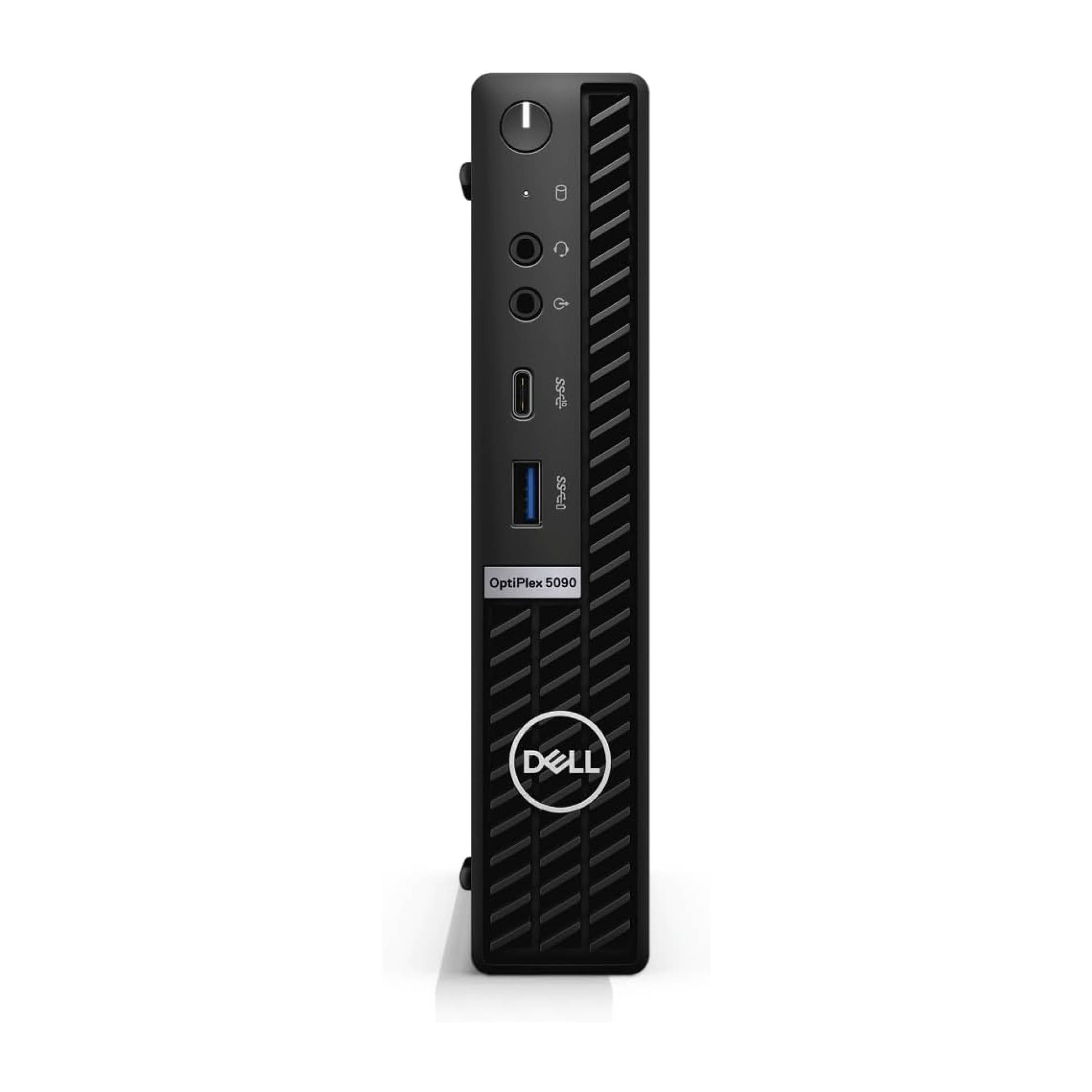 „Dell OptiPlex 5090 Micro-Desktop in Schwarz, der die Frontplatte mit Netzschalter, Audio-Buchsen, USB-C, USB-Anschluss und Dell-Logo zeigt.