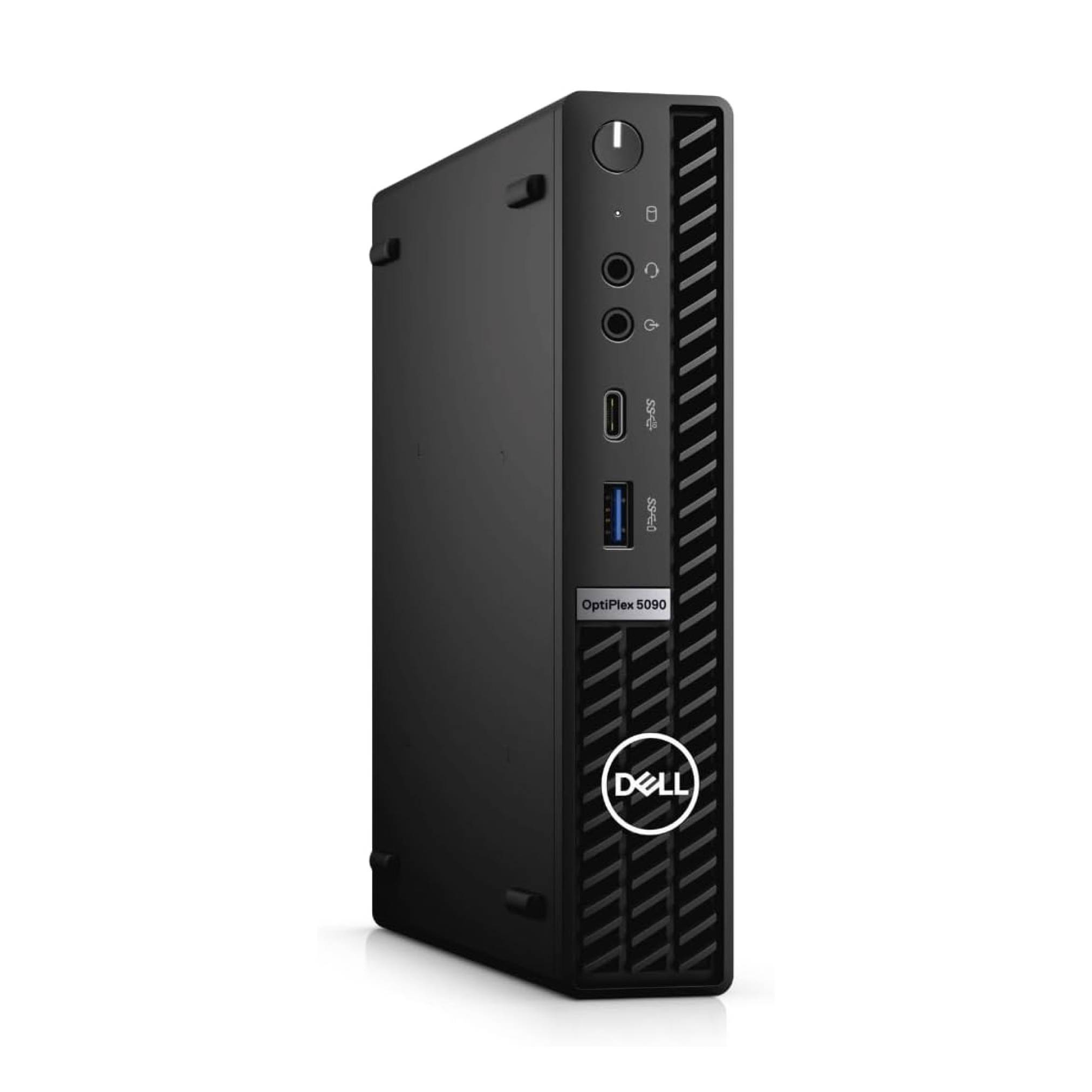 Ein kompakter schwarzer Dell OptiPlex 5090 Desktop-Computer-Turm mit nach vorne gerichteten USB-Anschlüssen und Ein-/Ausschalter.