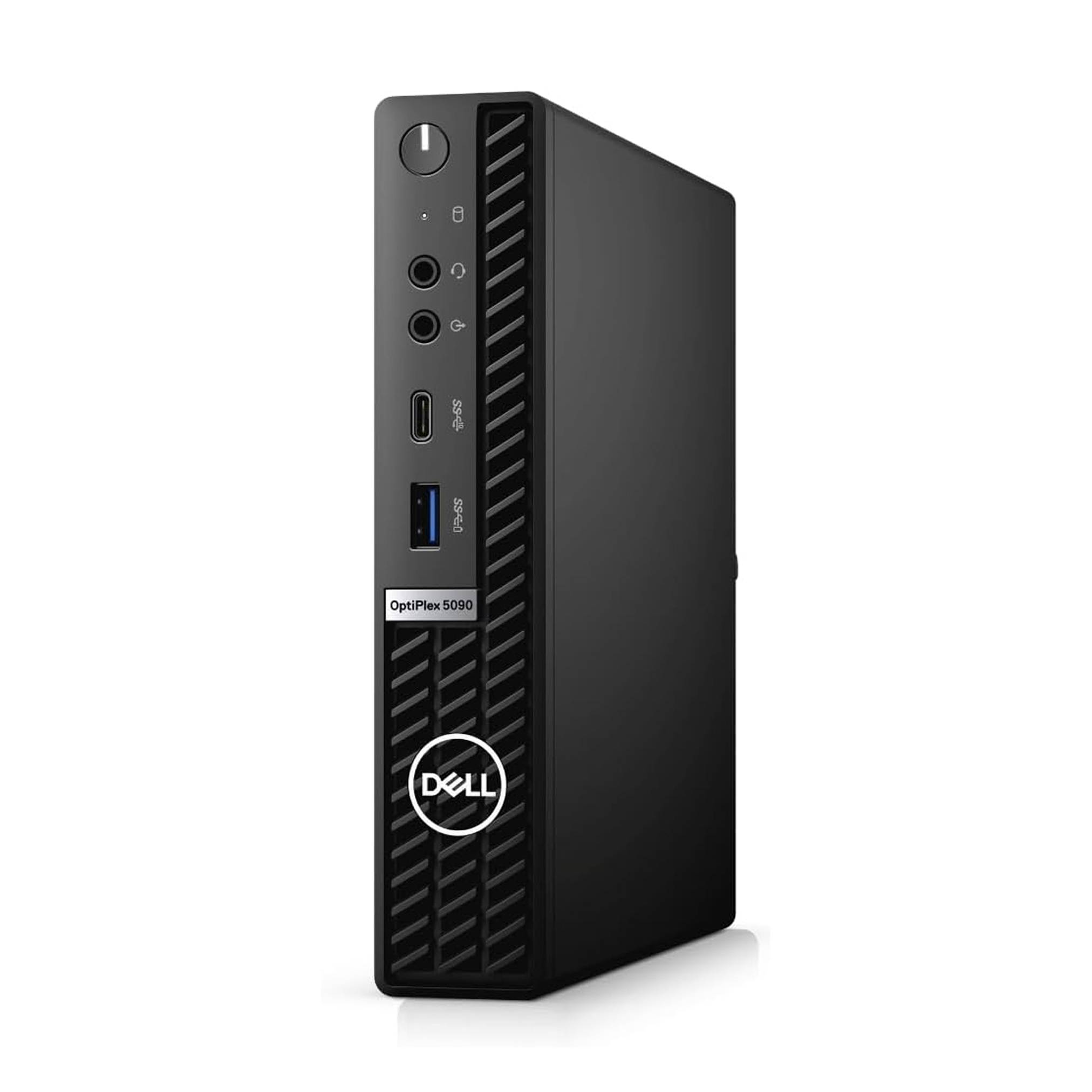 Ein Dell OptiPlex 5090 Micro-Desktop-Computer mit nach vorne gerichteten Anschlüssen, einschließlich USB, Audio und Ein-/Ausschalter, auf weißem Hintergrund.