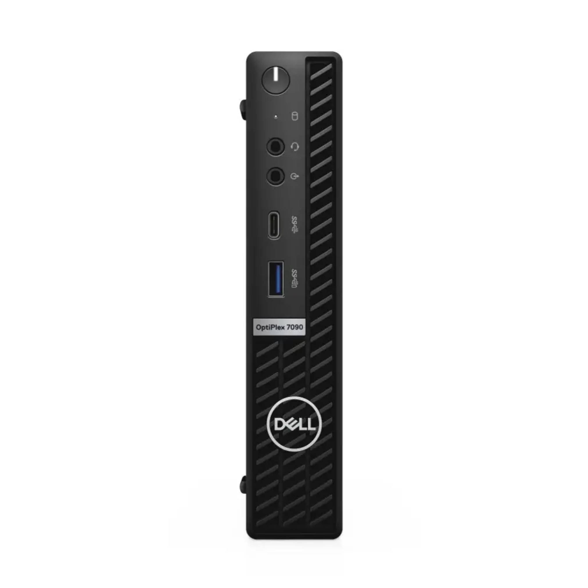 Ein kompakter Dell OptiPlex 7090 Mini-Desktop in der Vorderansicht mit Anschlüssen, Ein-/Aus-Schalter und Branding.