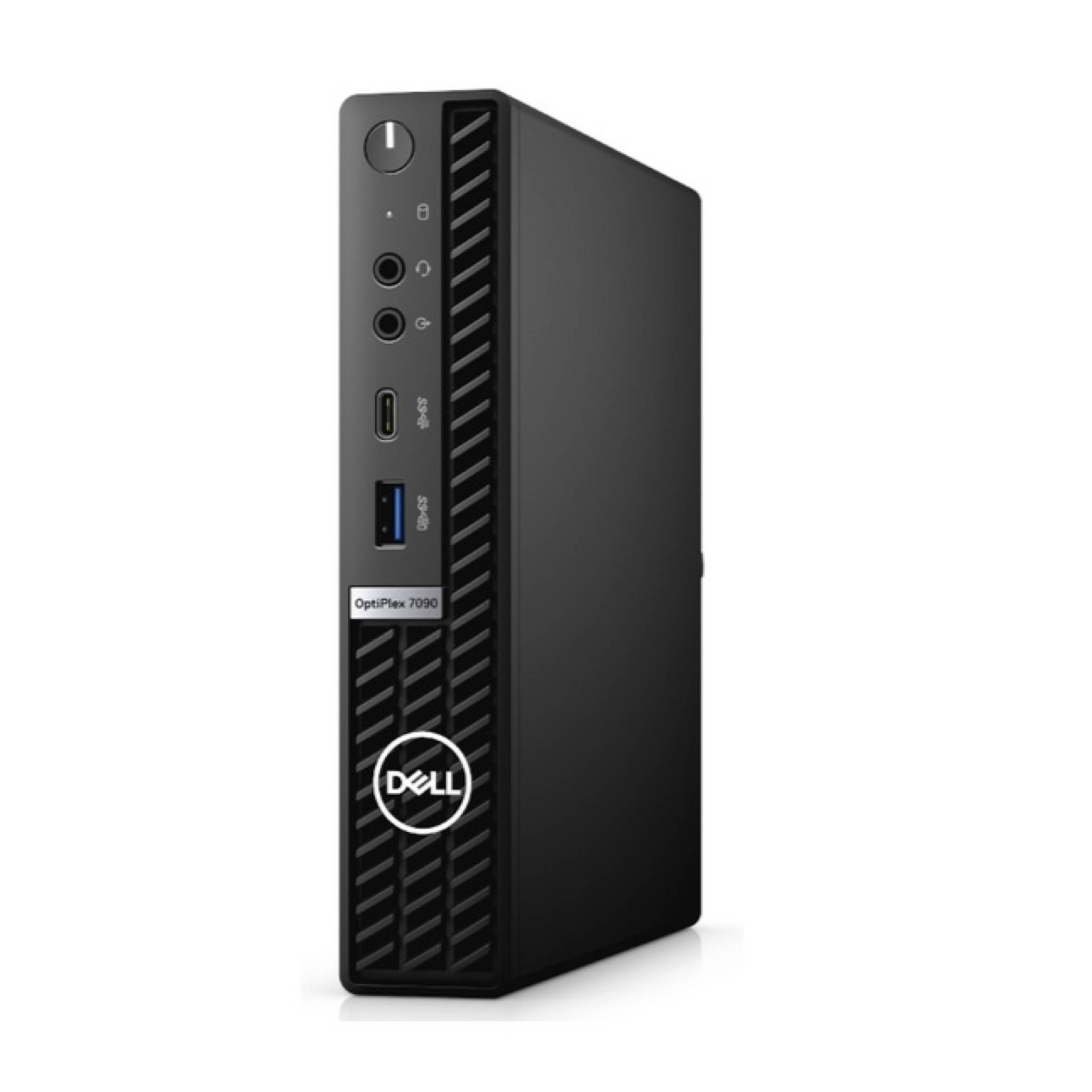 Dell OptiPlex 7000 Micro-Desktop, schwarz, Vorderansicht mit USB-Anschlüssen und Ein-/Ausschalter.