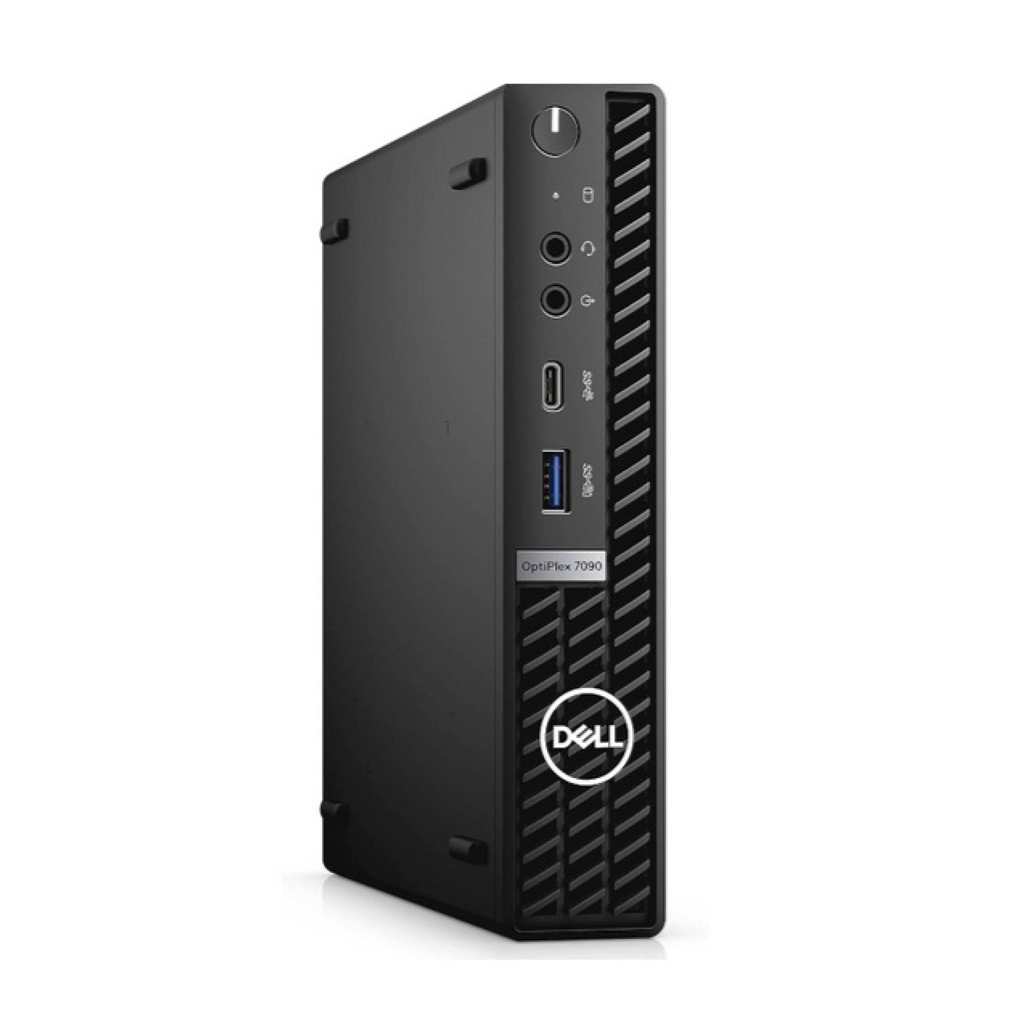 Ein schwarzer Dell OptiPlex 7090 Micro-Desktopcomputer mit nach vorne gerichteten USB-Anschlüssen, Kopfhörerbuchse und Stromschalter auf einem belüfteten Panel.
