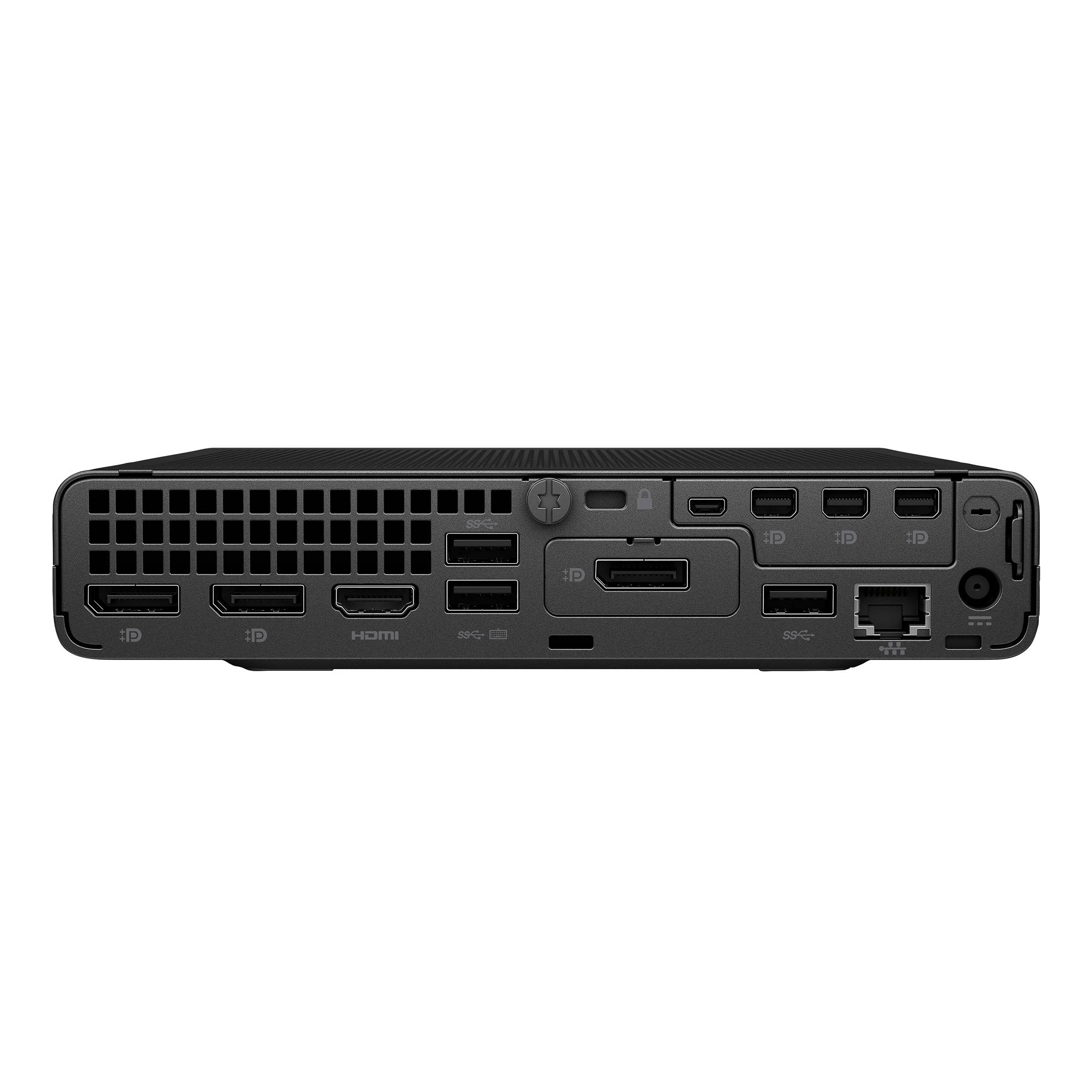 Rückansicht eines kompakten Mediageräts mit mehreren Anschlüssen, einschließlich HDMI, USB, Ethernet und Audioanschlüssen.