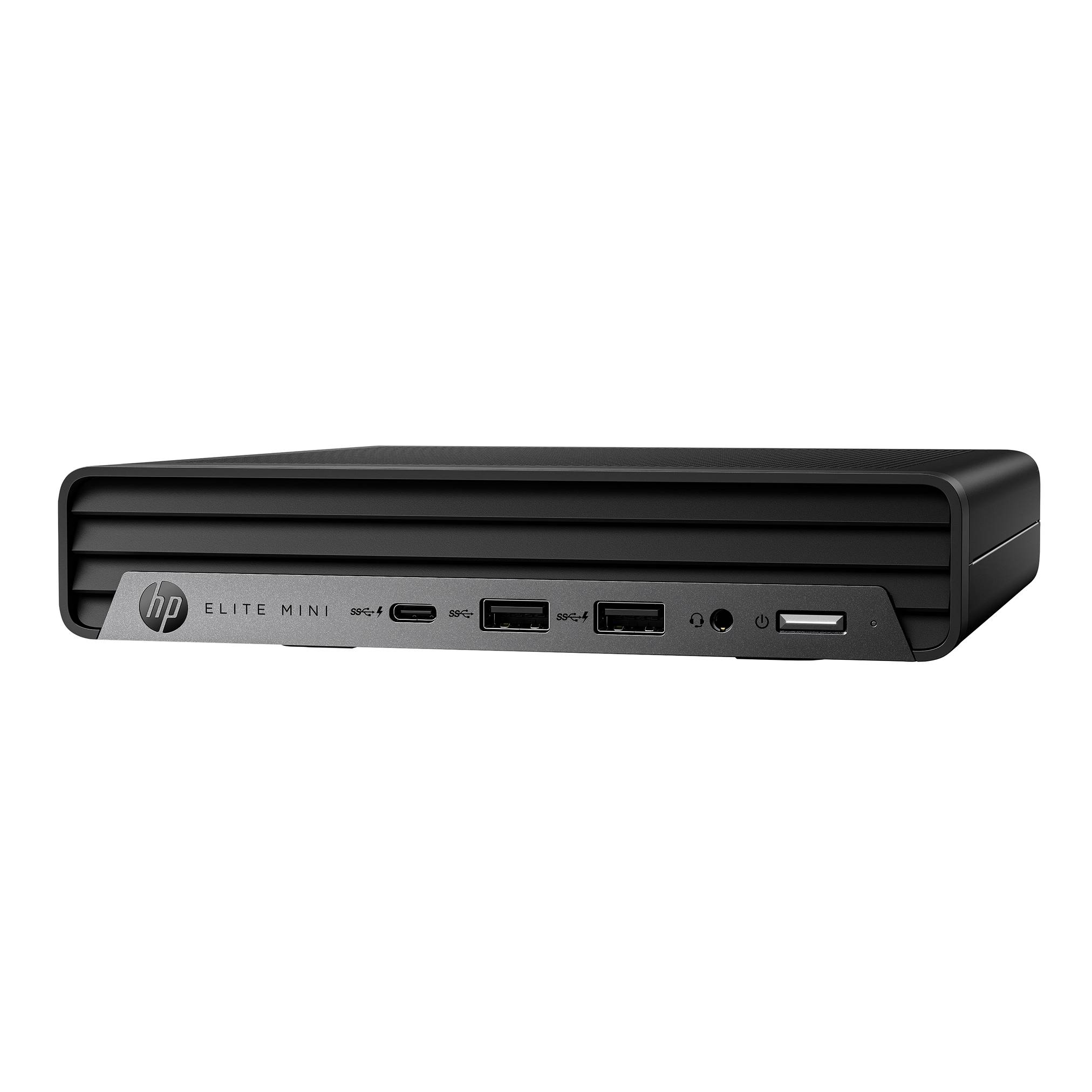 Frontansicht eines HP Elite Mini Desktop-Computers mit den vorderen Anschlüssen und dem Netzschalter am schwarzen kompakten Gehäuse.