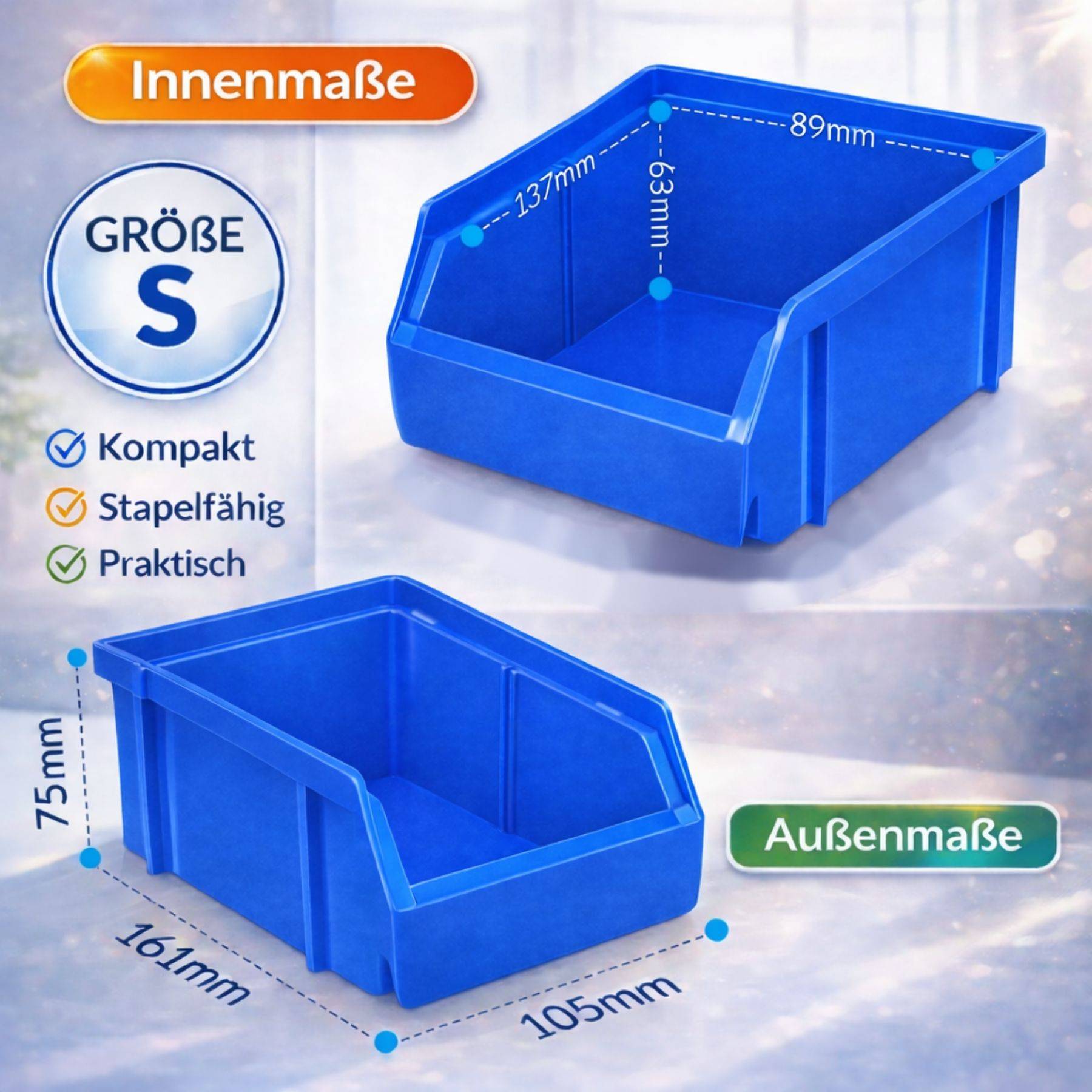 Blauer Lagerbehälter mit Abmessungen: innen (137mm x 89mm x 63mm) und außen (161mm x 105mm x 75mm). Merkmale sind Kompaktheit, Stapelbarkeit und Praktikabilität.