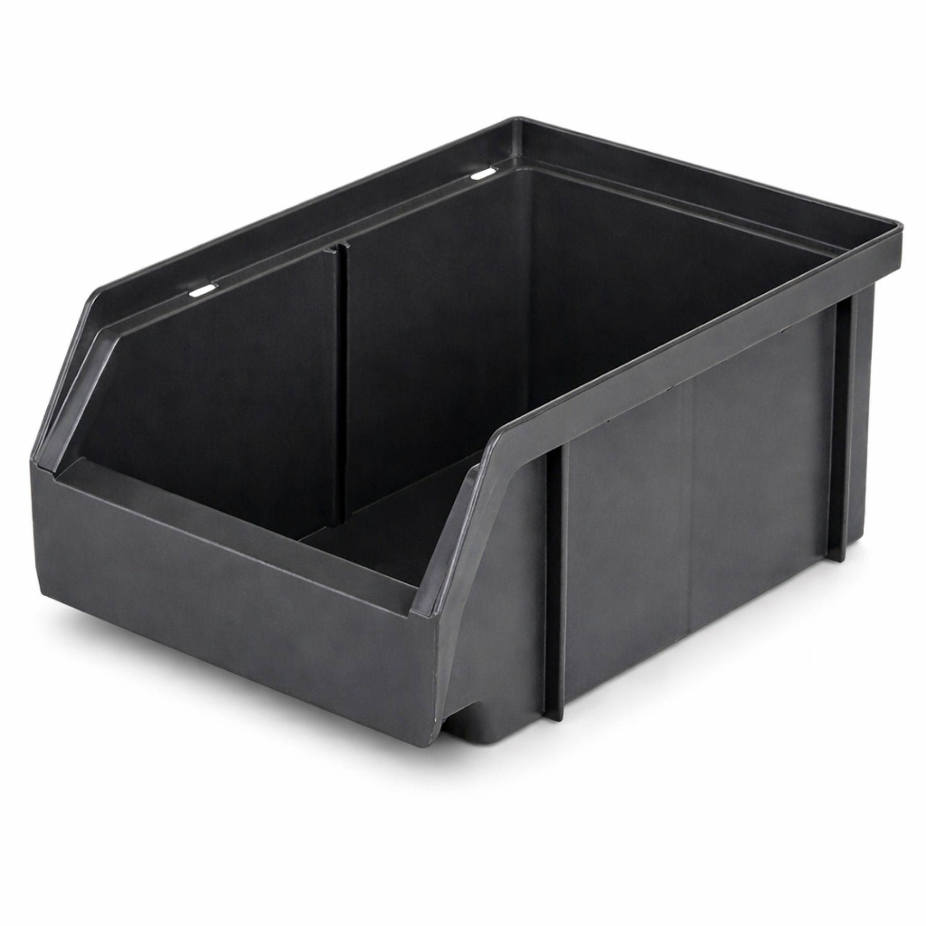 Ein schwarzer Kunststoff-Lagerbehälter mit offener Vorderseite, konzipiert zur Organisation von Gegenständen. Rechteckig mit glatten Seiten und einer eingerückten Lippe.