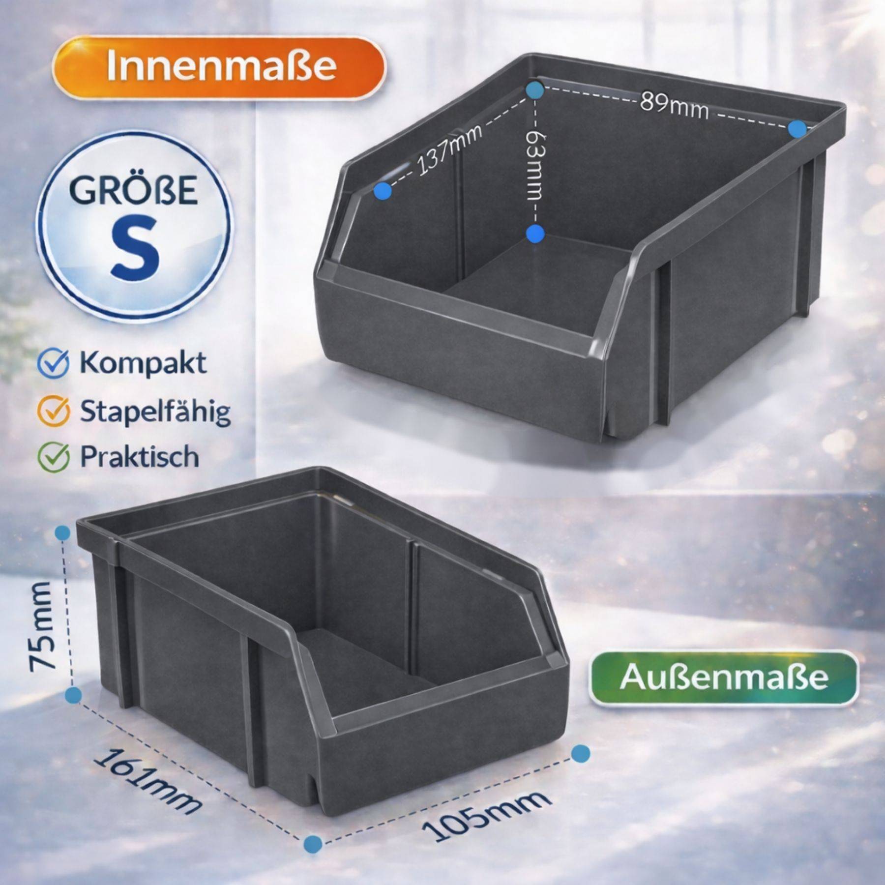 Grauer stapelbarer Lagerbehälter mit angezeigten inneren „Innenmaße