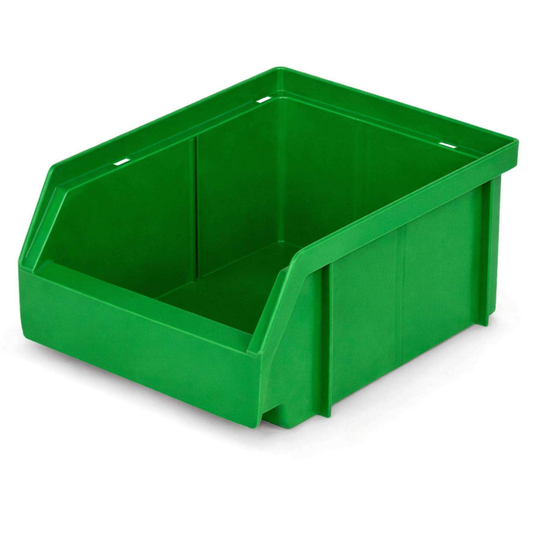 Ein großer grüner Kunststoffbehälter mit offener Vorderseite und verstärkten Kanten, geeignet für Lagerungs- oder Organisationszwecke.