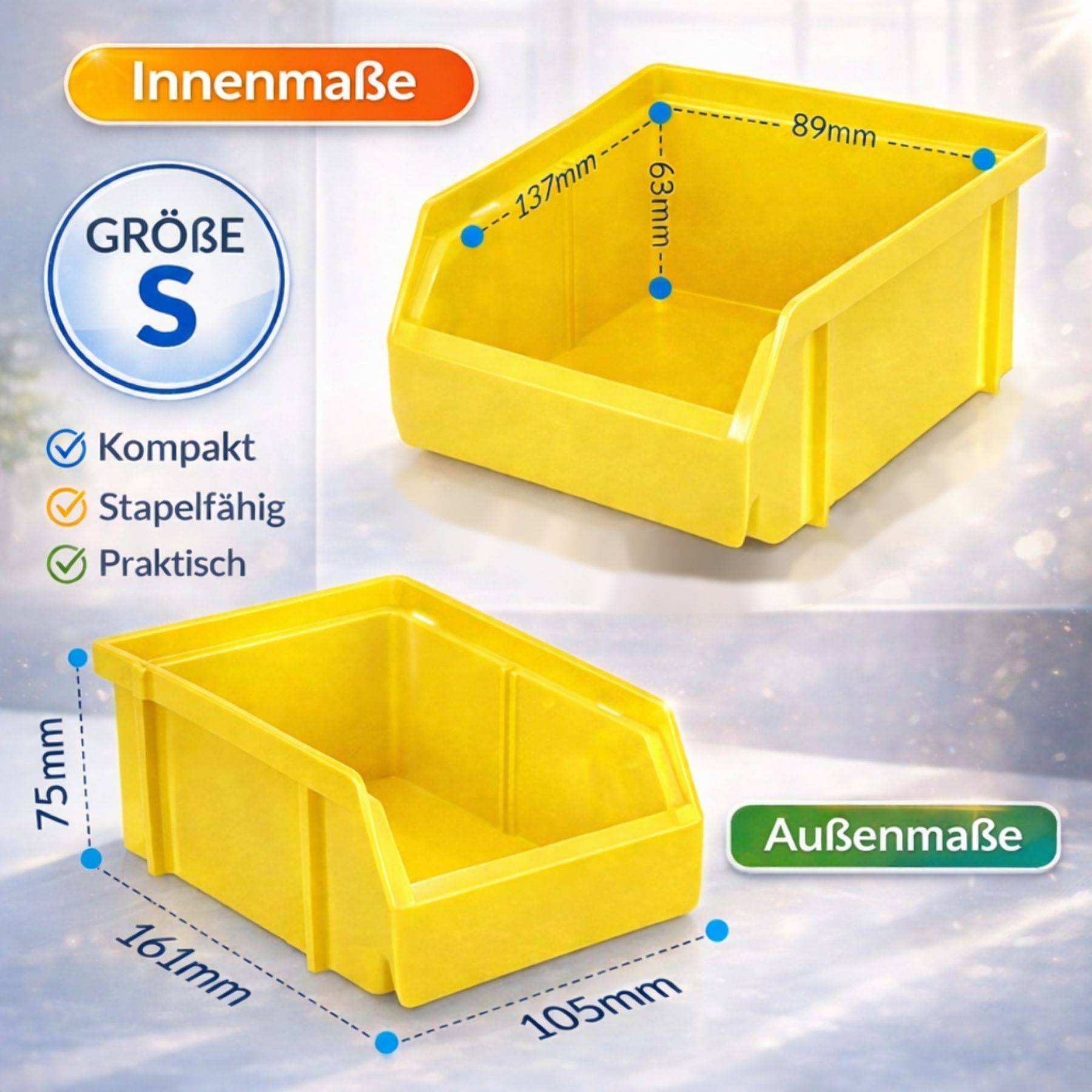 Größe S' gelber Lagerbehälter mit 'Innenmaße' Abmessungen 137mm x 89mm x 63mm und 'Außenmaße' 161mm x 105mm x 75mm; vermerkt als 'Kompakt', 'Stapelfähig', 'Praktisch'.