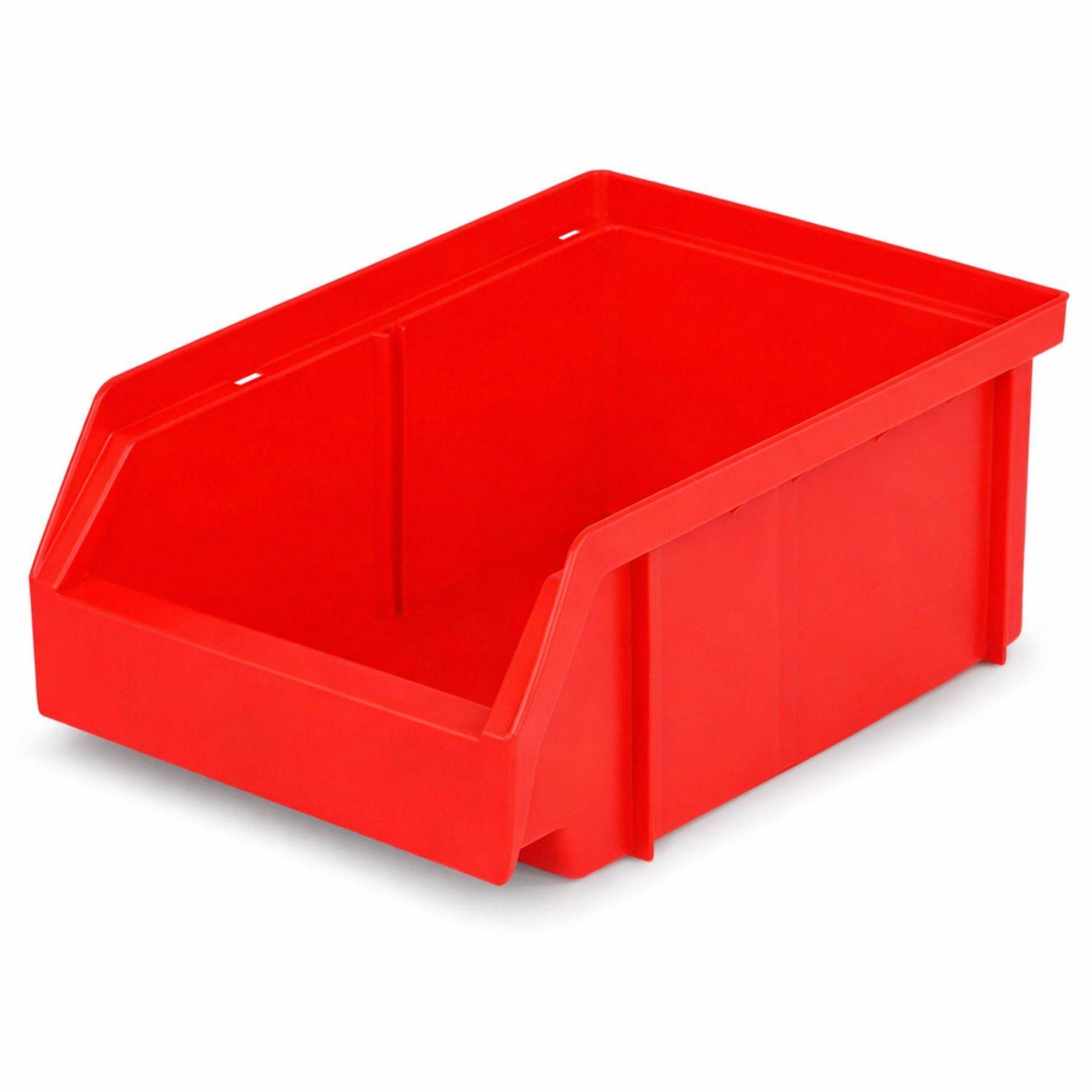 Ein roter Kunststoff-Lagerbehälter mit offener Vorderseite, entwickelt zum Organisieren und Lagern von kleinen Gegenständen.