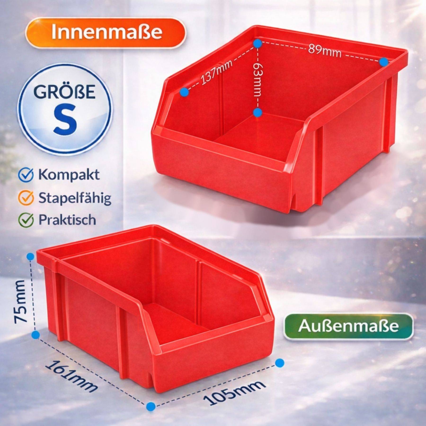 Rote Kunststoff-Lagerkiste mit Beschriftung „Größe S