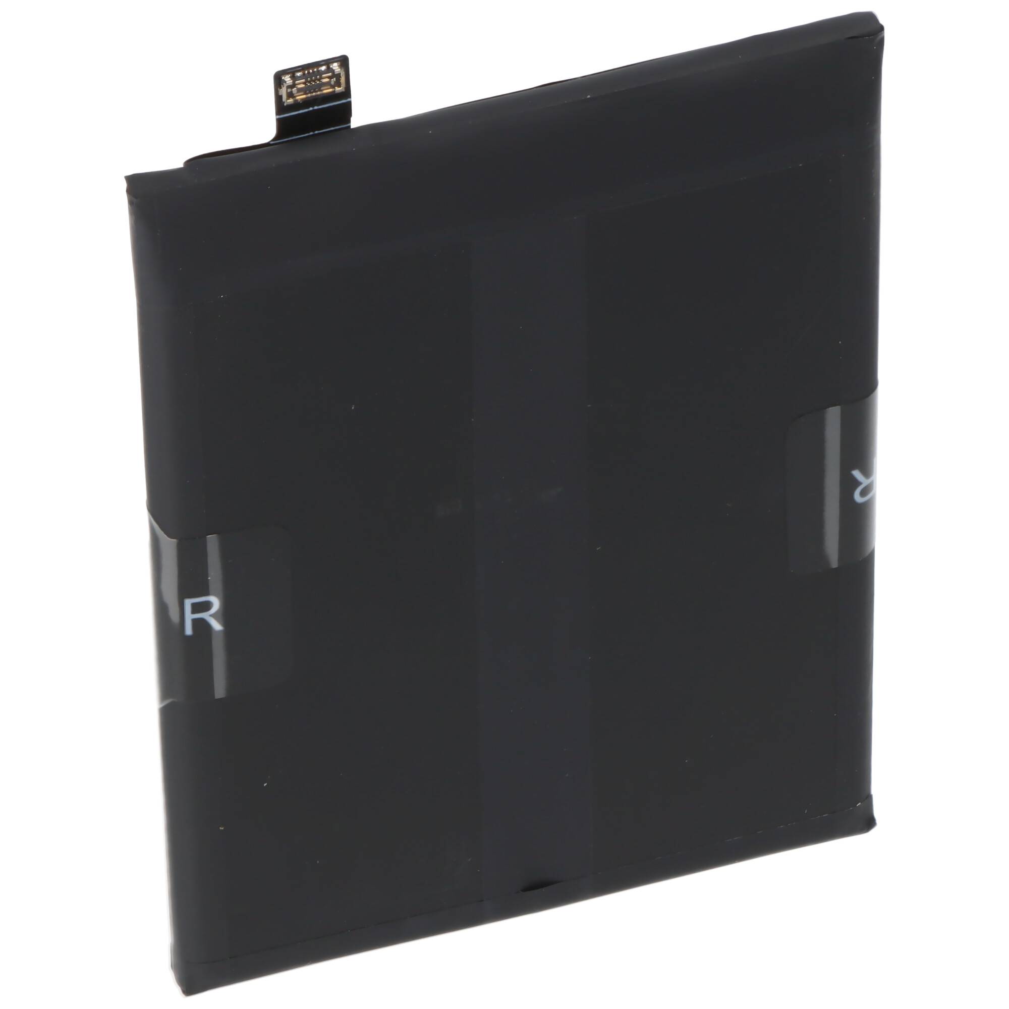 Eine rechteckige schwarze Lithium-Ionen-Batterie mit Anschluss oben für elektronische Geräte.