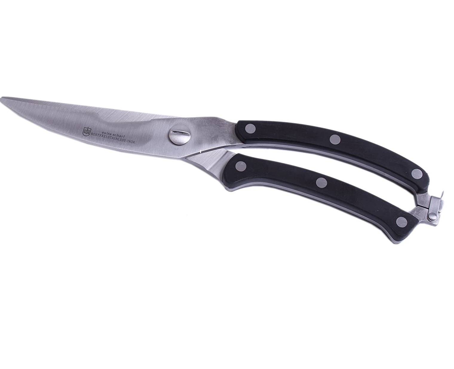 Ein Paar Edelstahl-Küchenscheren mit schwarzen Griffen, entworfen zum Schneiden von Geflügel und anderen Lebensmitteln.