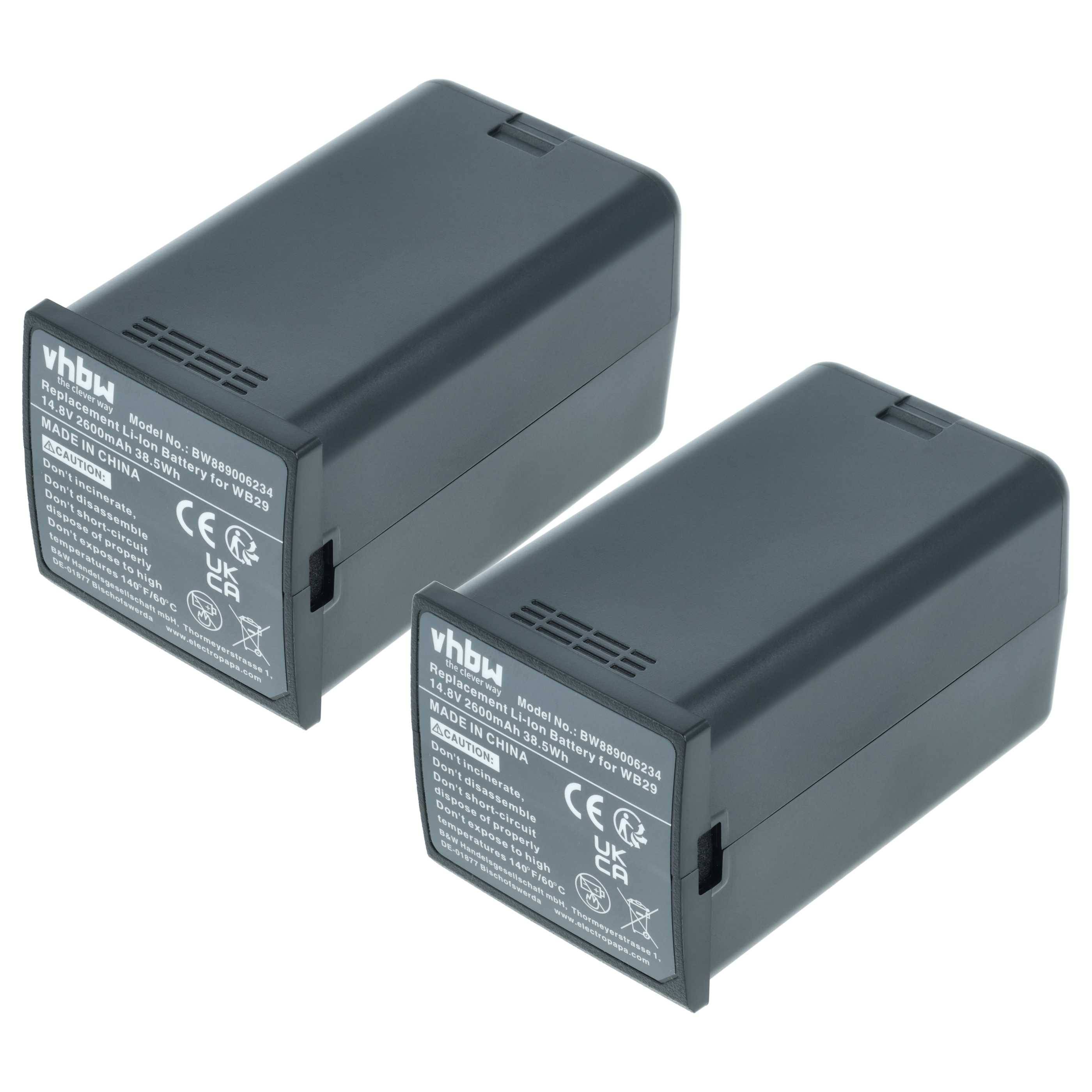 Zwei schwarze wiederaufladbare Batteriepacks nebeneinander auf weißem Hintergrund, mit sichtbaren Produktetiketten.
