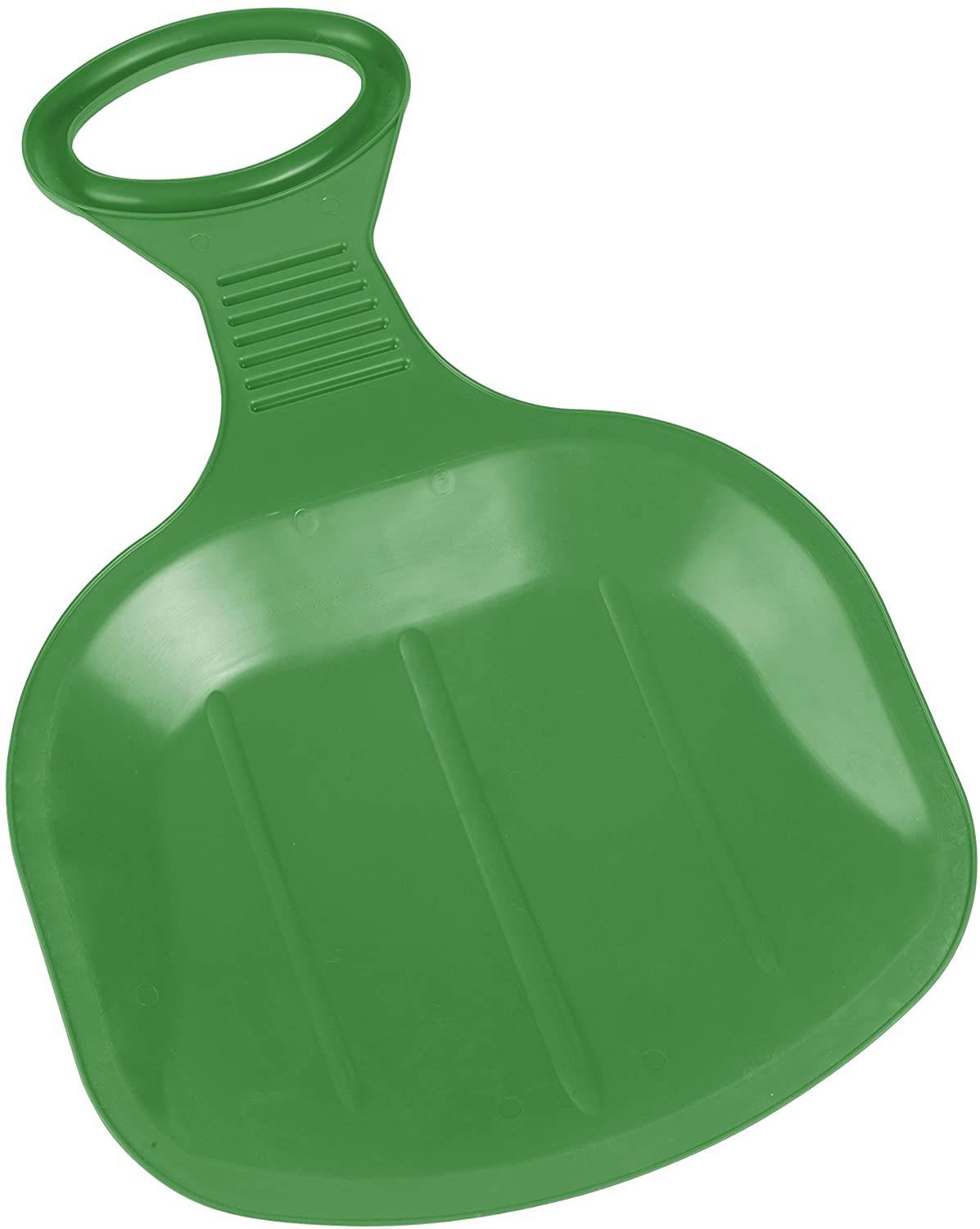 Ein grüner Kunststoff-Schlitten mit Griff, konzipiert für den persönlichen Gebrauch auf verschneiten Abhängen.