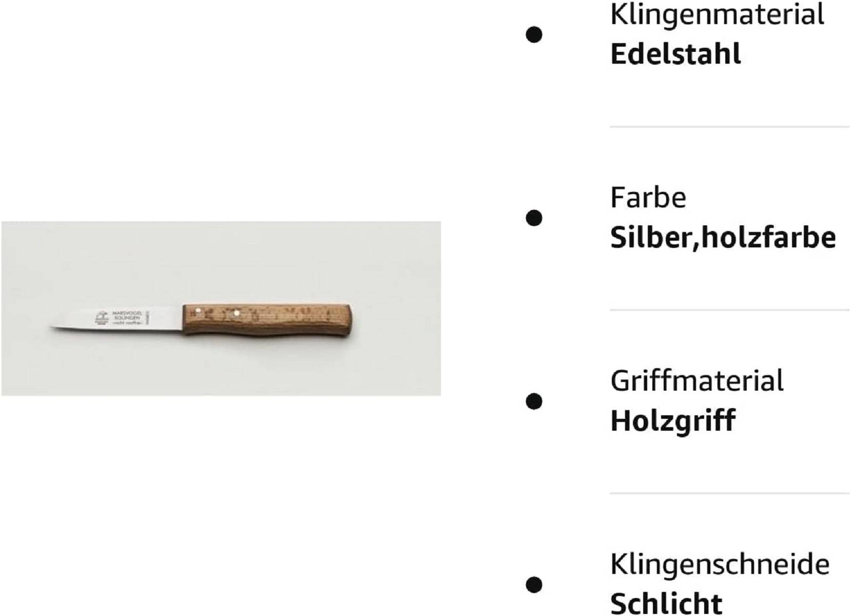 Ein Messer mit Holzgriff wird gezeigt. Der Text beschreibt seine Merkmale: 'Klinge: Edelstahl', 'Farbe: Silber', 'Griffmaterial: Holzgriff'.
