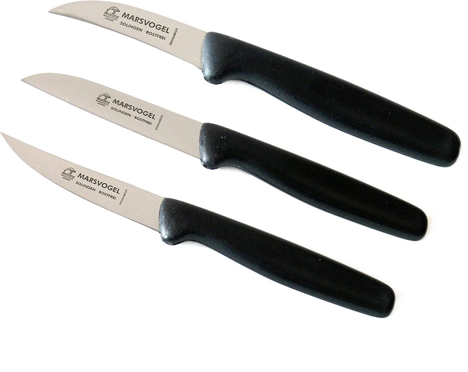 Drei Messer mit schwarzen Griffen, jeweils mit der Aufschrift „Marsvogel Solingen Rostfrei