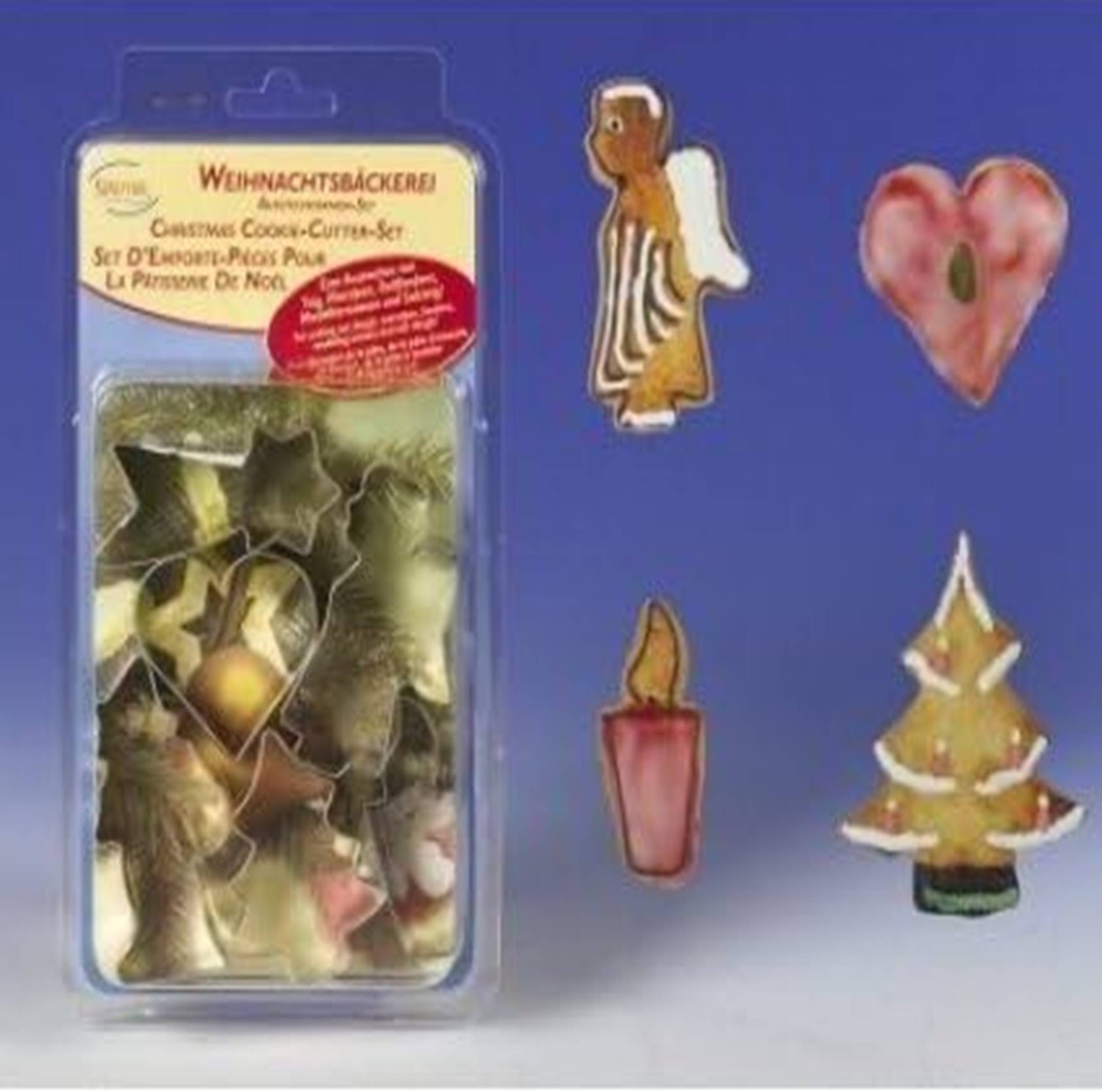 Satz von festlichen Plätzchenausstechern, die vor einem blauen Hintergrund mit Bildern eines Engels, eines Herzens, einer Kerze und eines Weihnachtsbaums angezeigt werden.