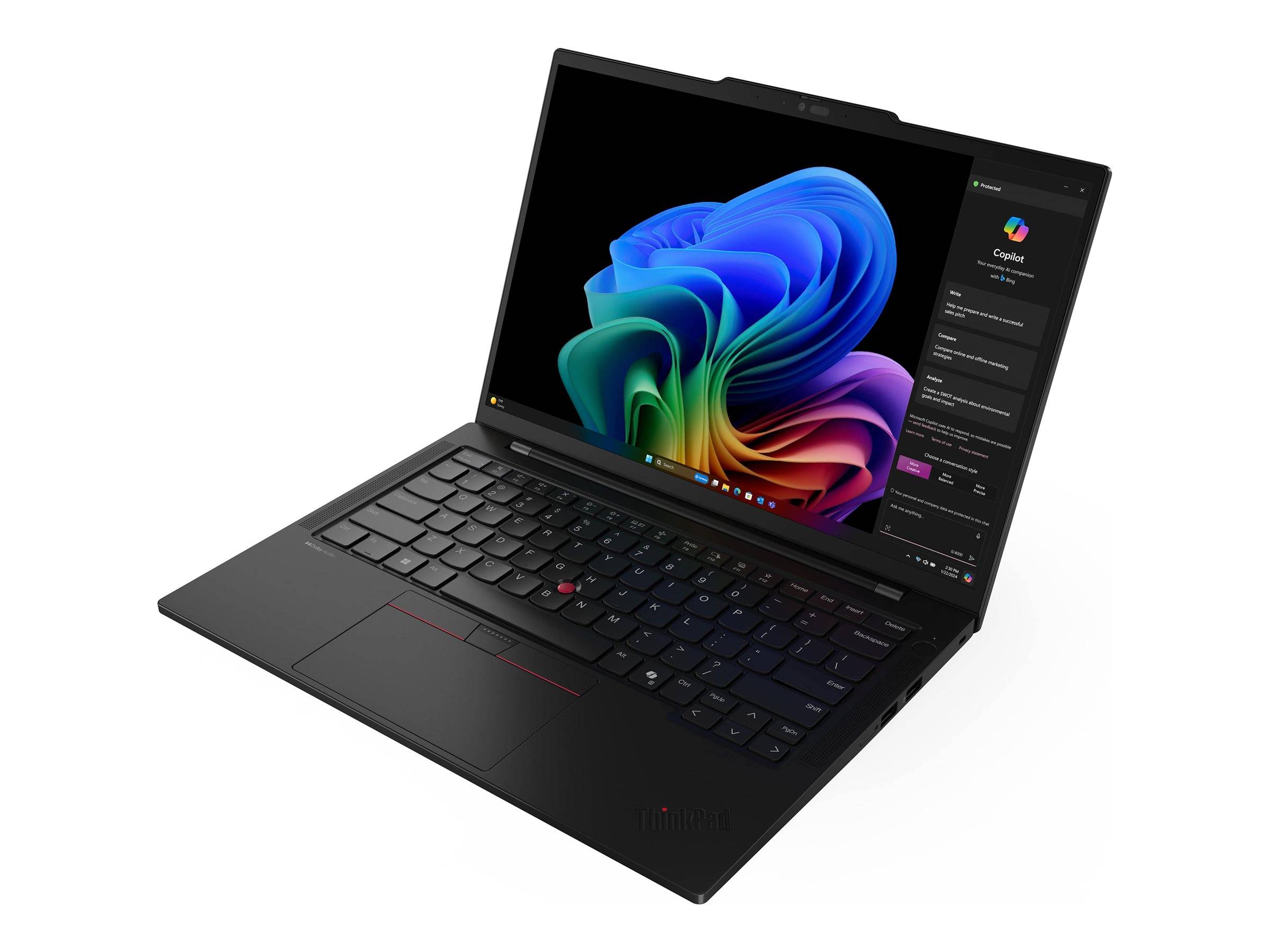 Ein Laptop, auf dem eine farbenfrohe abstrakte Windows-Hintergrundtapete angezeigt wird, von links im Winkel betrachtet, wobei der Bildschirm und die Tastatur hervorgehoben werden.