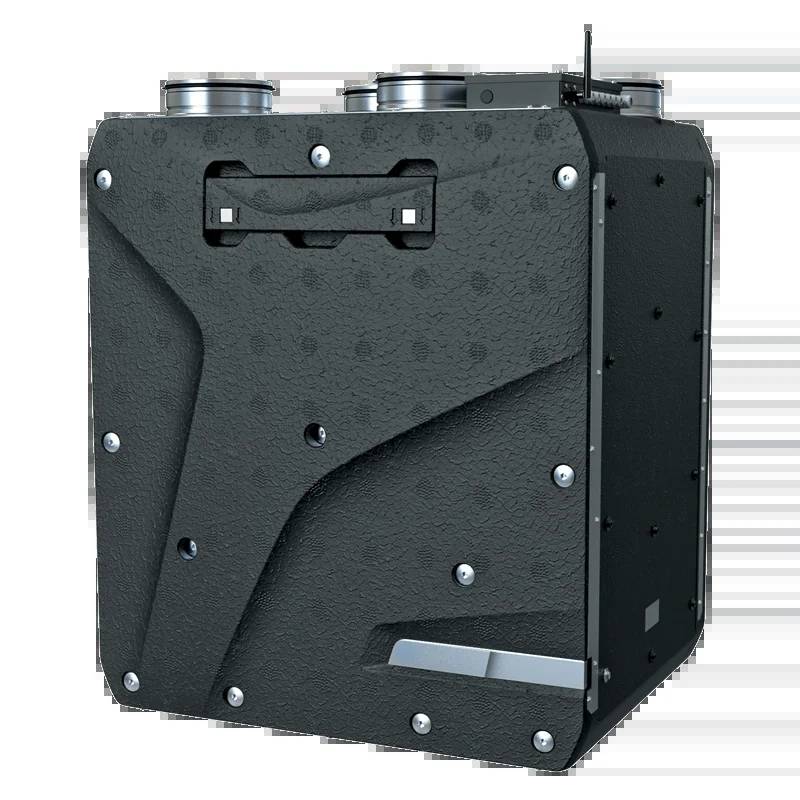 Schwarzes strukturiertes industrielles Gerät oder Kameramodul mit Metallarmaturen und einem seitlichen Griff, vor einem einfarbigen Hintergrund dargestellt.