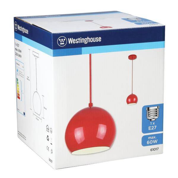 Karton einer roten Westinghouse-Pendelleuchte. Zeigt das Design der Leuchte, E27-Fassung und maximale Leistung von 60W.