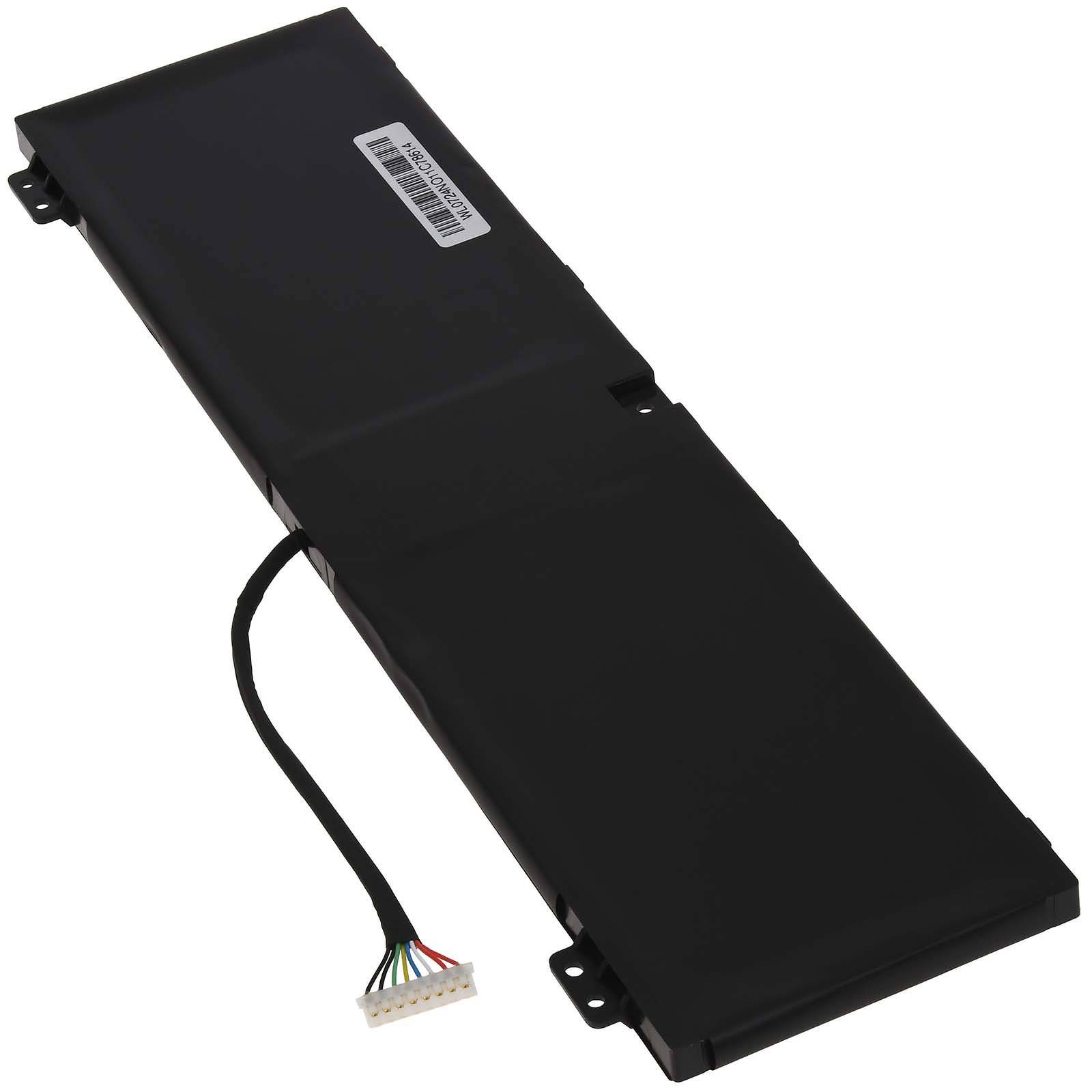 Eine rechteckige schwarze Laptop-Batterie mit einem Anschllusskabel und einem Etikett oben. Der Stecker hat mehrere farbige Drähte für die Installation.