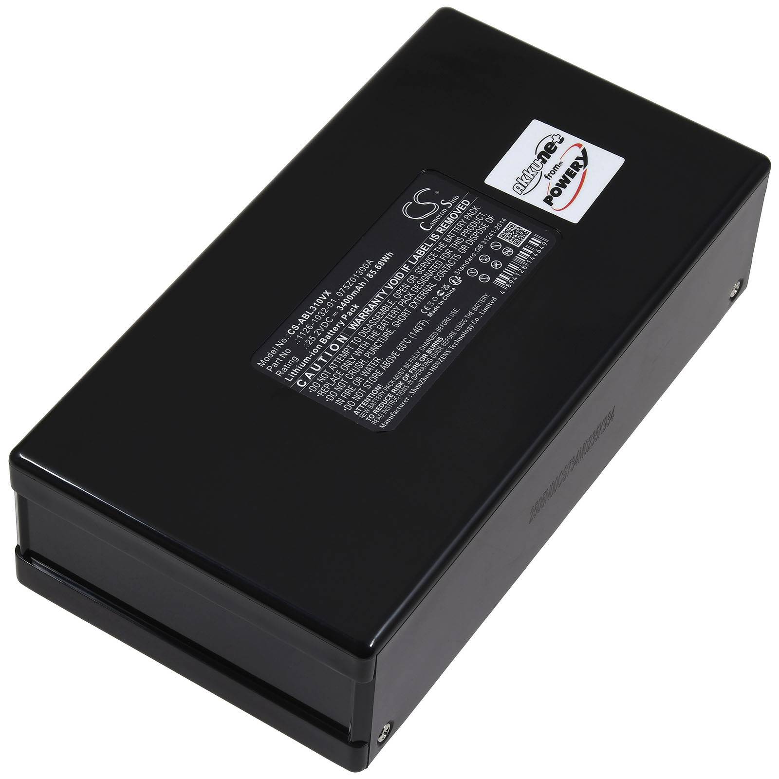 Eine schwarze rechteckige wiederaufladbare Batterie mit der Aufschrift 
