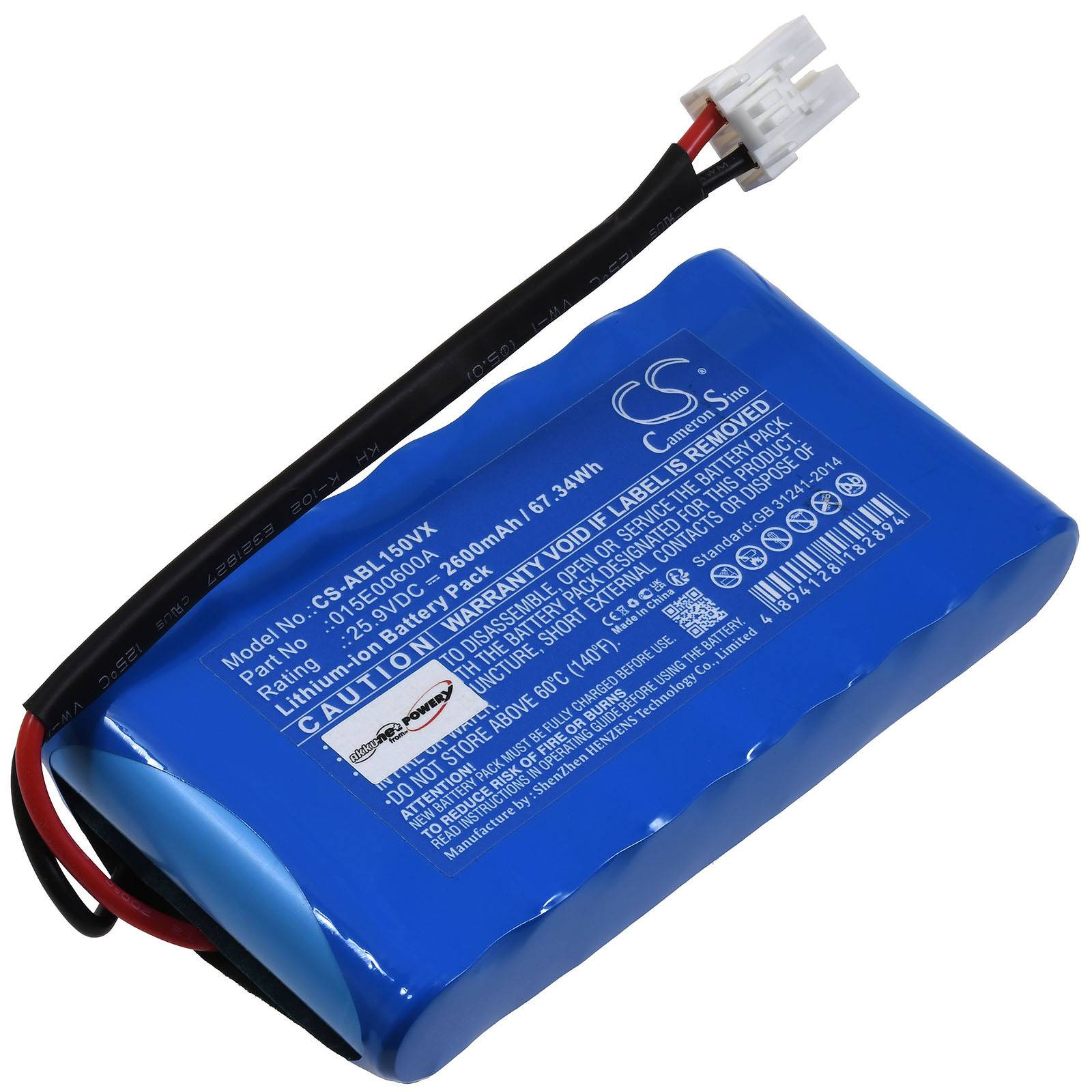 Ein blauer wiederaufladbarer Batteriepack mit folgenden Spezifikationen: Li-Ion, 7,4V, 2900mAh, 21,46Wh. Mit Warnhinweis und Anschlussleitungen.