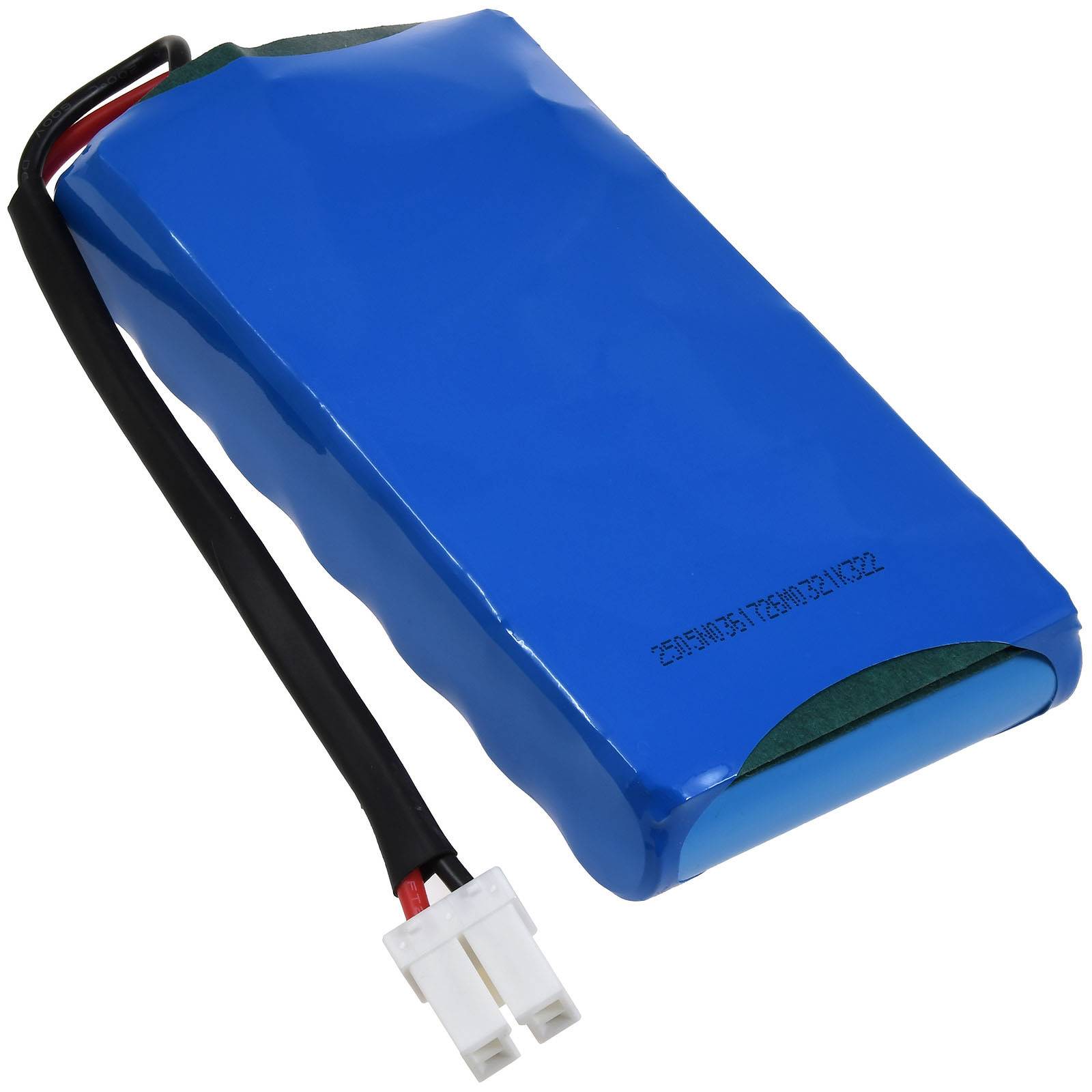 Ein blauer wiederaufladbarer Batteriepack mit angebrachten Kabeln und einem weißen Anschluss.