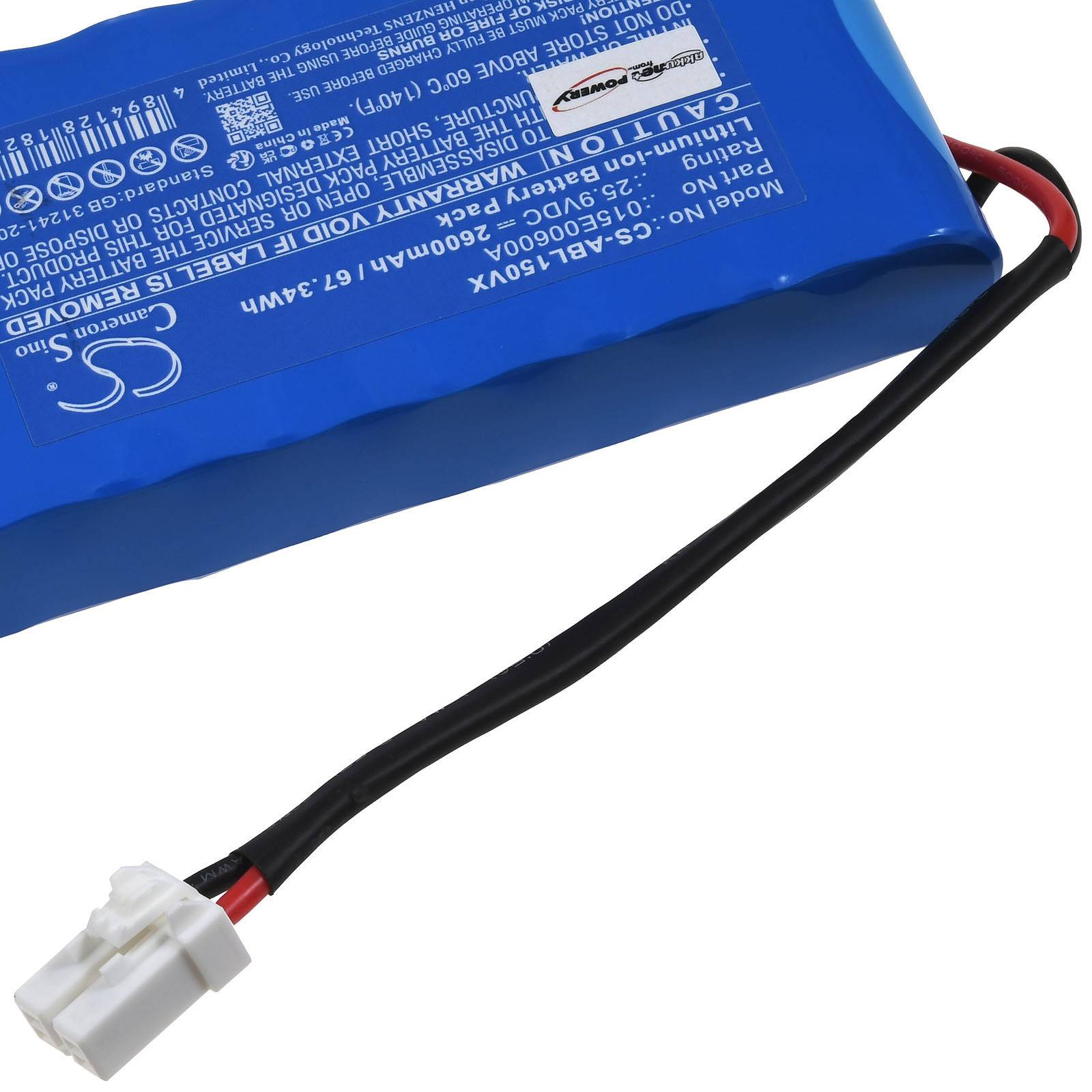 Ein rechteckiger blauer Lithium-Ionen-Akkupack mit schwarzen und roten Kabeln sowie einem weißen Stecker. Das Etikett enthält Spezifikationen und Sicherheitshinweise.