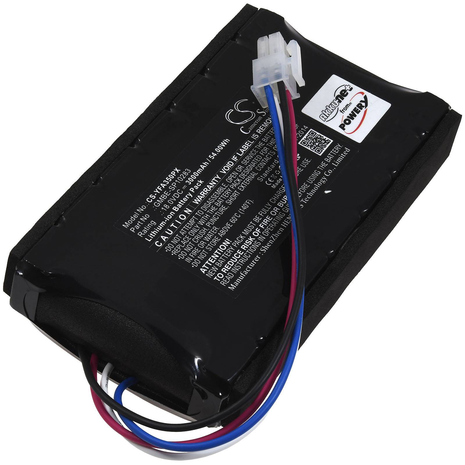 Eine schwarze wiederaufladbare Batterie mit einem weißen Anschluss und vier farbigen Drähten. Die Batterie hat Text mit Angaben zu Spezifikationen und Sicherheitswarnungen.