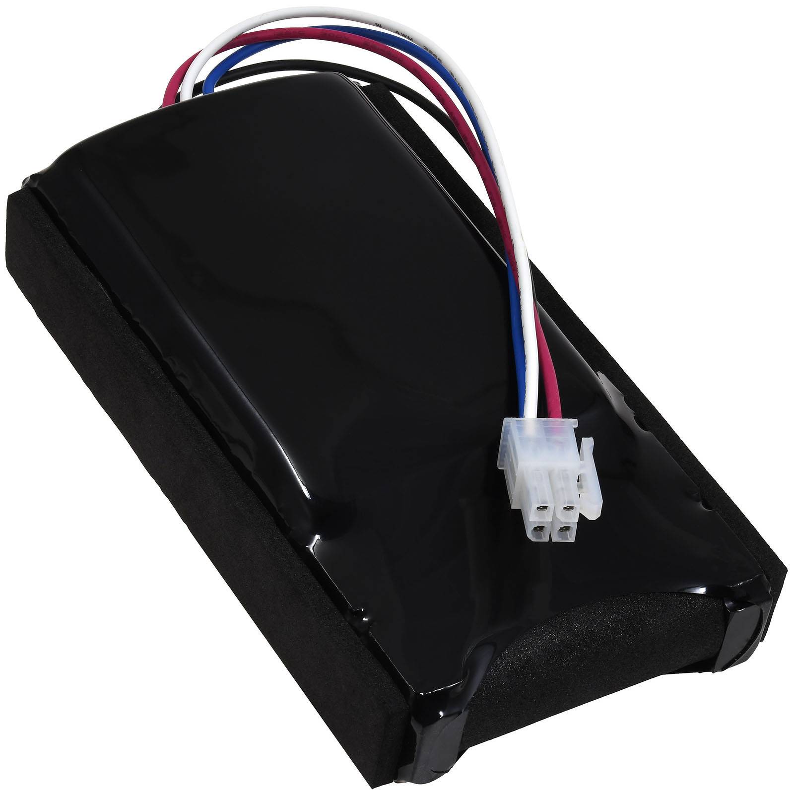 Ein rechteckiges schwarzes Batteriepack mit roten, blauen und weißen Kabeln, die aus einem Ende heraustreten und in einem weißen Steckerverbinder enden.