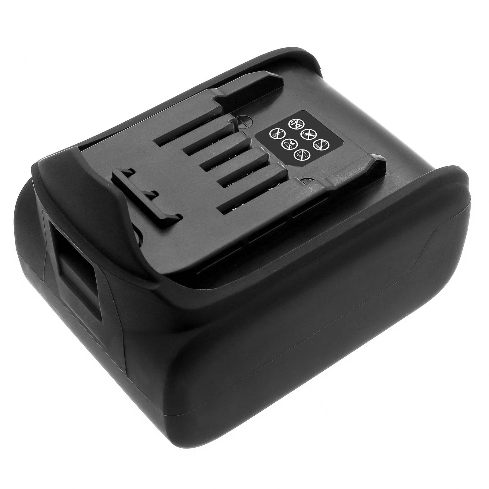 Ein schwarzes wiederaufladbares Batteriepaket mit Anzeigesymbolen und Steckplätzen für eine Ladegerätverbindung wird vor weißem Hintergrund gezeigt.