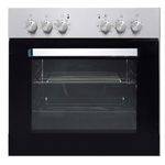 Ein Edelstahlofen mit vier Drehknöpfen auf der oberen Bedienblende und einer einzelnen Glastür. Das Innere wirkt leer und sauber.