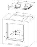 Diagramm mit Abmessungen und Installationsdetails für ein Elektrokochfeld. Enthält spezifische Messungen für Breite, Höhe und Tiefe.