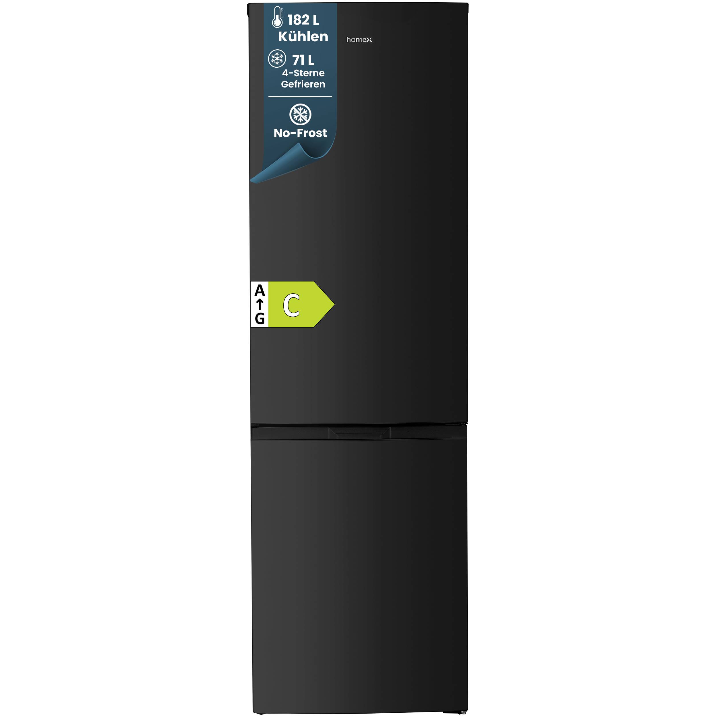 homeX Kühlschrank mit Gefrierfach No Frost, Kühl-Gefrier-Kombination freistehend, groß - 253 Liter, EEK C, schwarz