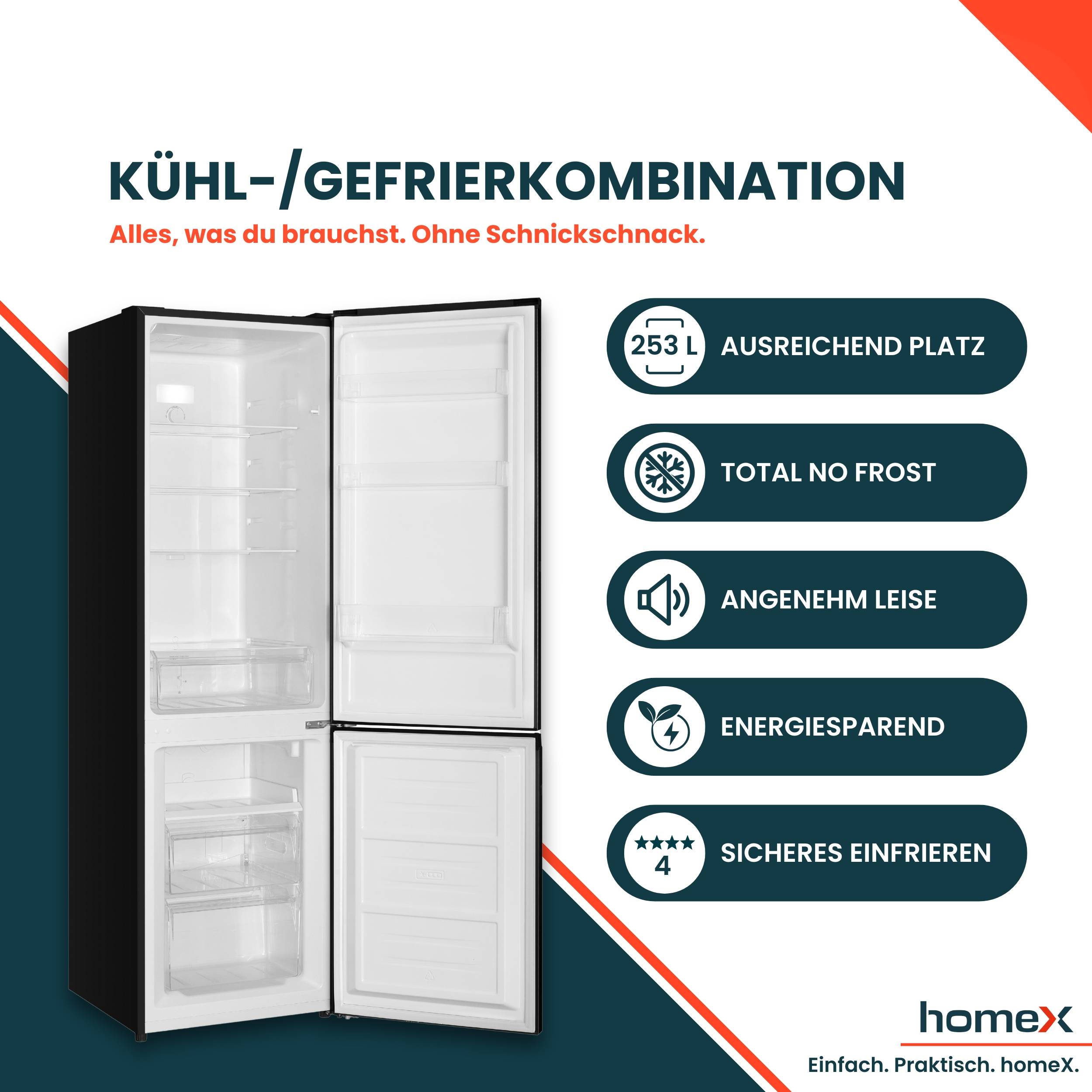 Kühlschrank mit offenen Türen, zeigt Regale. Hauptmerkmale: 253-Liter-Kapazität, Frostfrei, leise, energiesparend, sicheres Gefrieren.