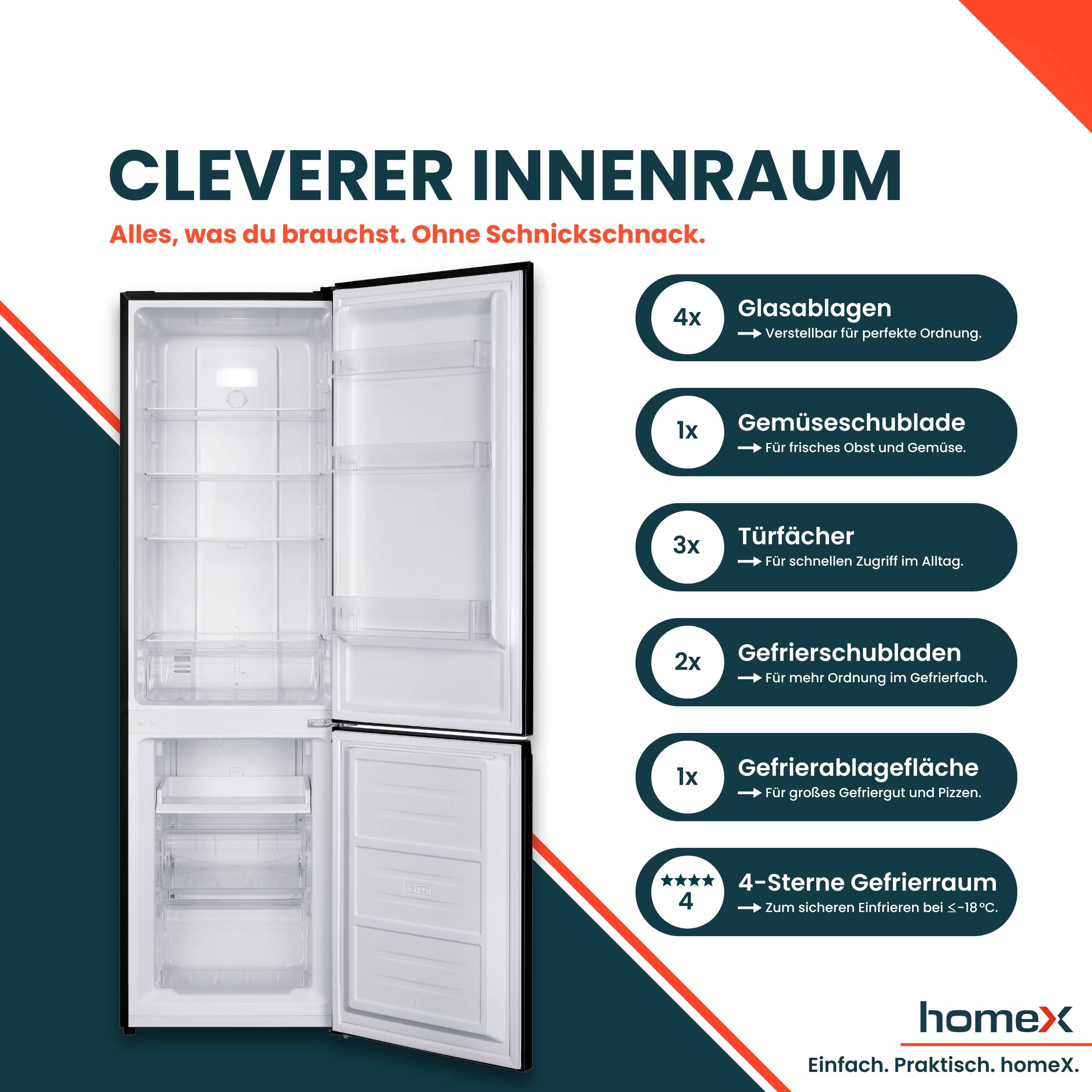 homeX Kühlschrank mit Gefrierfach No Frost, Kühl-Gefrier-Kombination freistehend, groß - 253 Liter, EEK C, schwarz