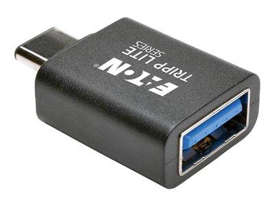 Ein schwarzer USB-Typ-C-zu-USB-Typ-A-Adapter mit der Aufschrift „Tripp Lite Series