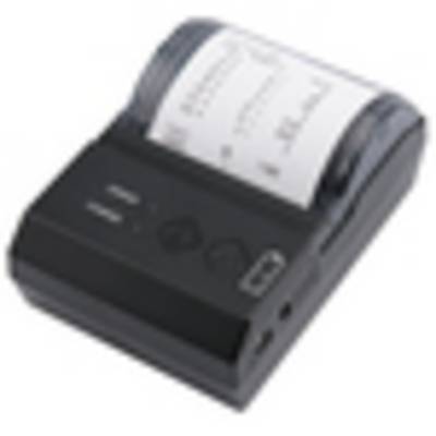 Ein kompakter schwarzer Belegdrucker mit sichtbarer Papierrolle, auf der gedruckter Text zu sehen ist, konzipiert für tragbare oder mobile Druckanforderungen.