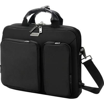 Eine schwarze Laptoptasche mit zwei vorderen Taschen, oberen Griffen und einem abnehmbaren Schultergurt.
