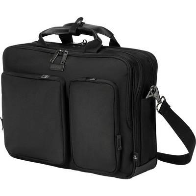 Eine schwarze Laptoptasche mit zwei vorderen Taschen, einem Griff oben und einem abnehmbaren Schultergurt, entwickelt zum Transportieren von Elektronik und Dokumenten.