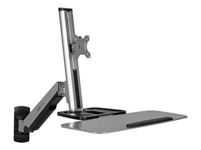 Höhenverstellbarer Sitz-Steh-Schreibtisch-Konverter mit Tastaturablage und Monitorhalterung. Silbernes, elegantes Design für ergonomische Arbeitsplatzgestaltung.